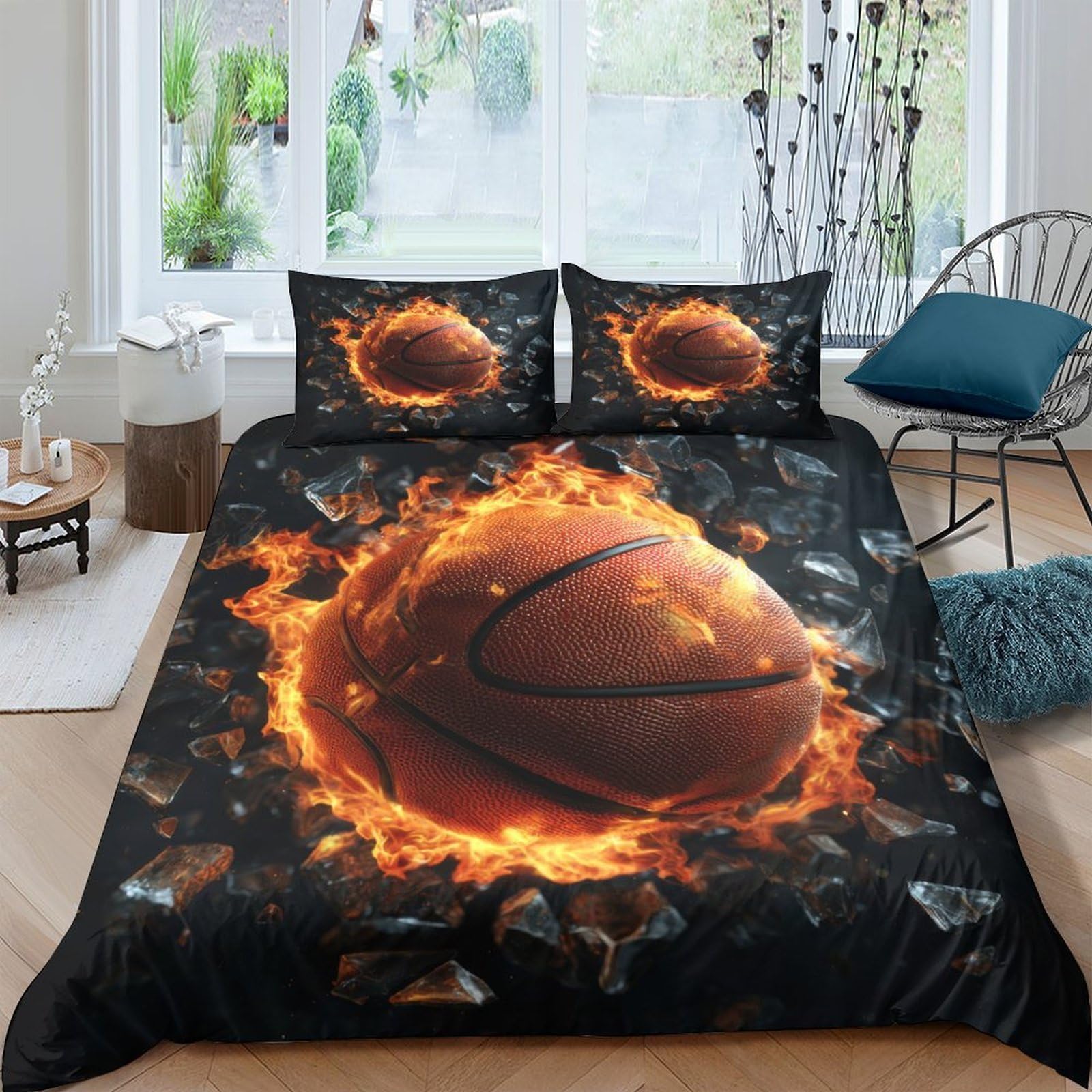 Ctjqhvkz Style-5 3D Printed Fire Basketball Fitted Sheet Microfiber Soft Black Bed Cover For Bedroom Dorm Mattress Protection Decor Single（135X200cm）