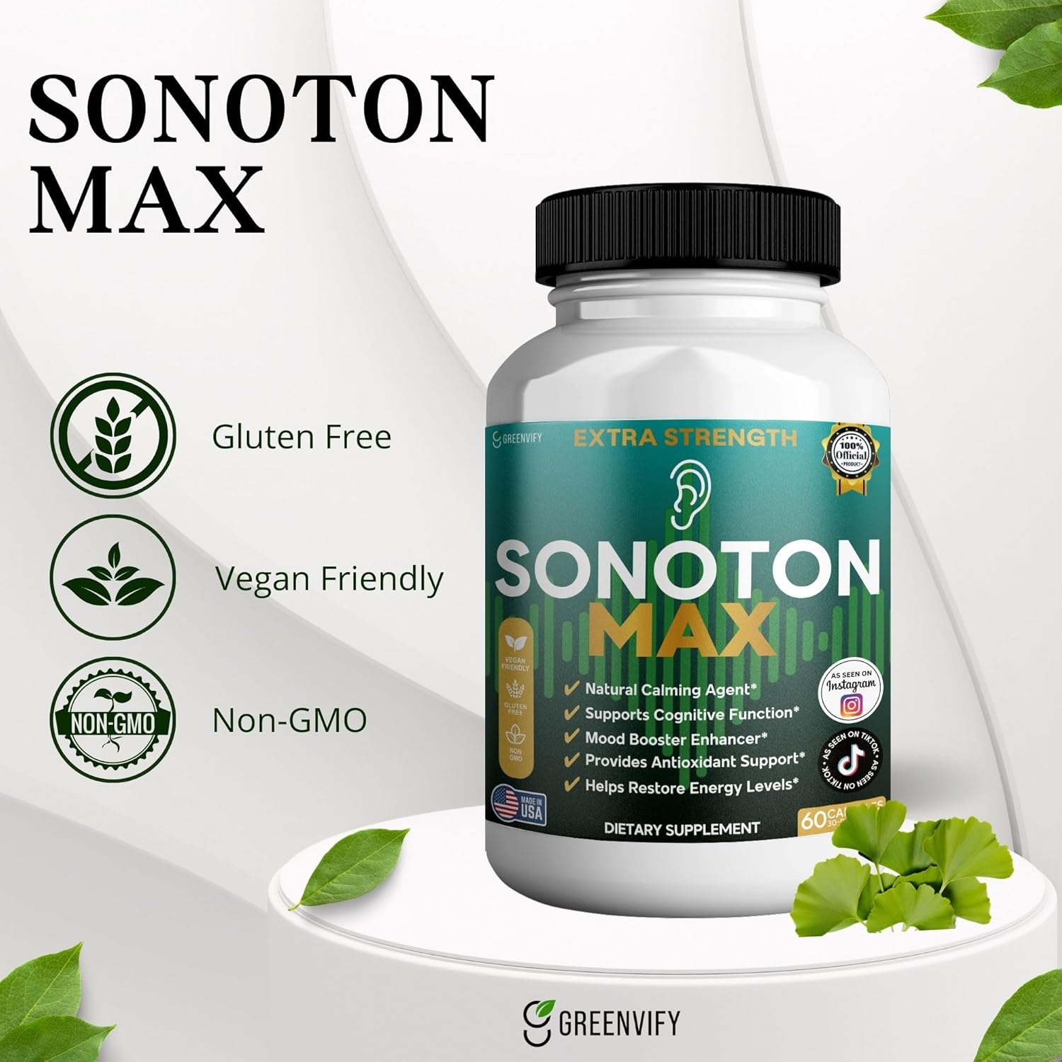 Sonoton Max Tinnitus Relief Supplement, Red Asian Ginseng & Ginkgo Biloba, 60 Capsules, 30-Day Supply (2)