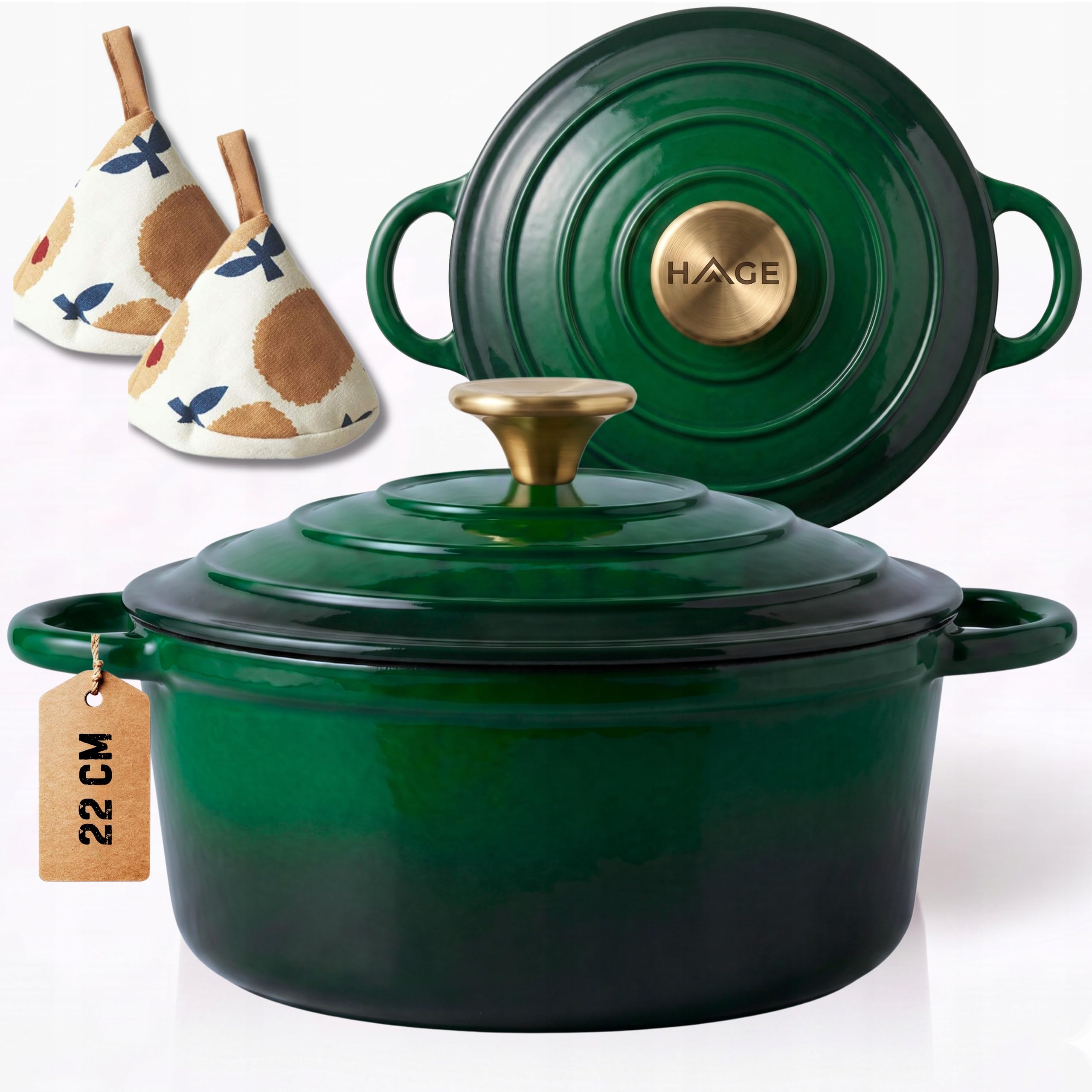 HAGE Olla de hierro fundido esmaltada con tapa 3 l 22 cm – Cacerola alta esmaltada para todo tipo de fuegos – Cacerola de hierro fundido para inducción apta para horno – olla de pan para hornear pan