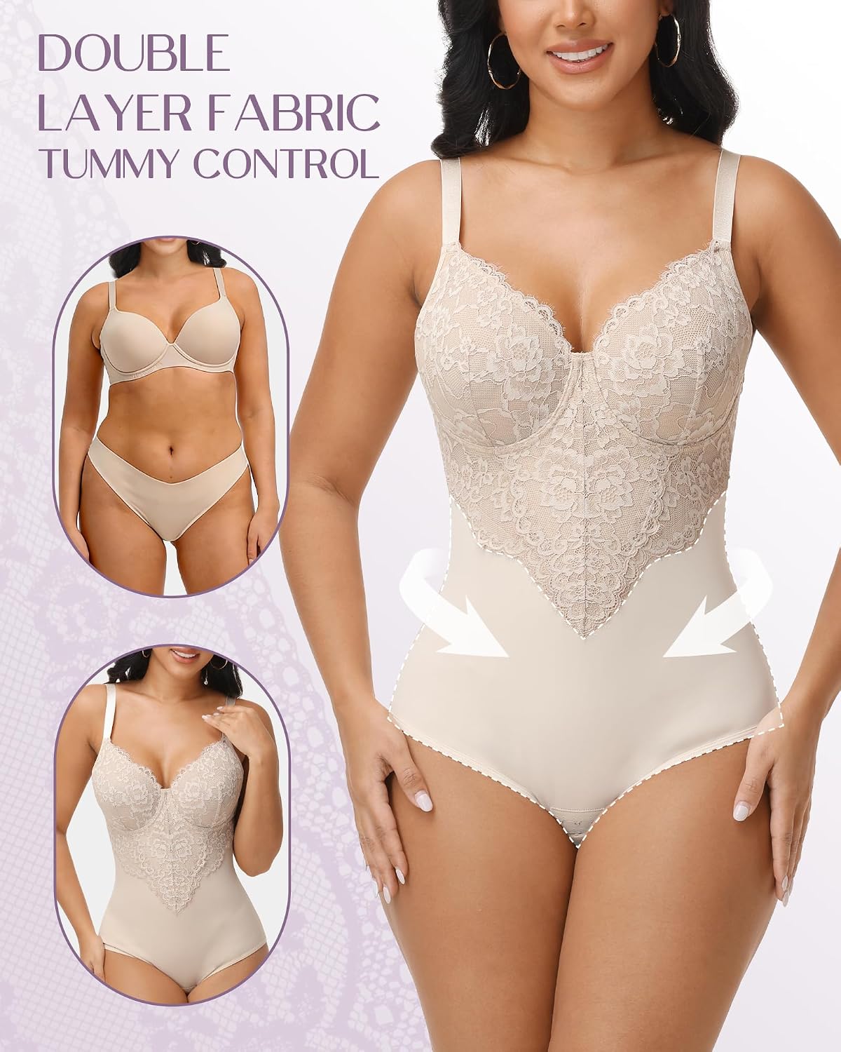 SHAPSHE Lace Shapewear Bodysuit with Built in Bra V Neck Full Body Shaper Tummy Control