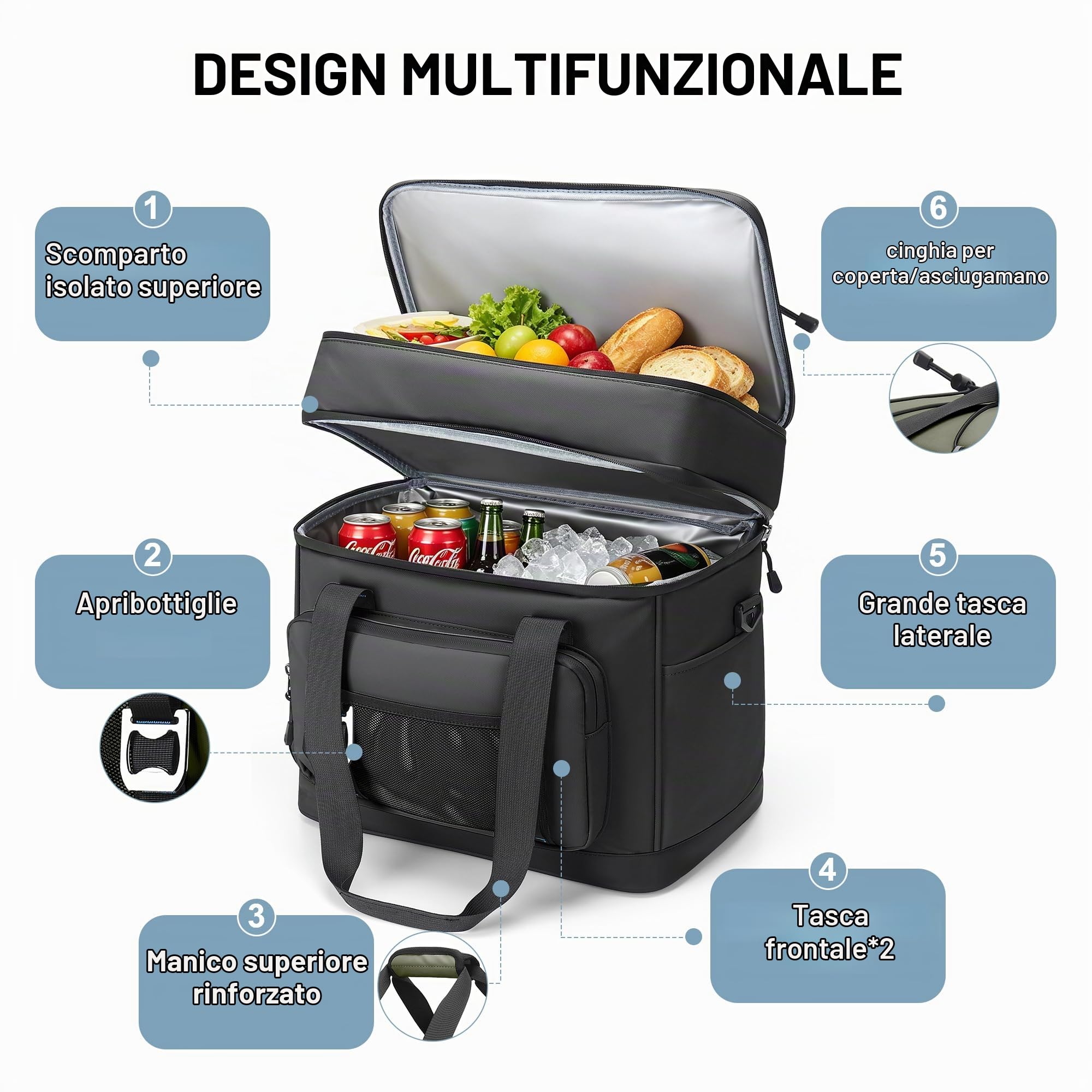 Borsa frigo da 40 l, grande, pieghevole, impermeabile, a doppia parete, borsa termica isolata, borsa da picnic