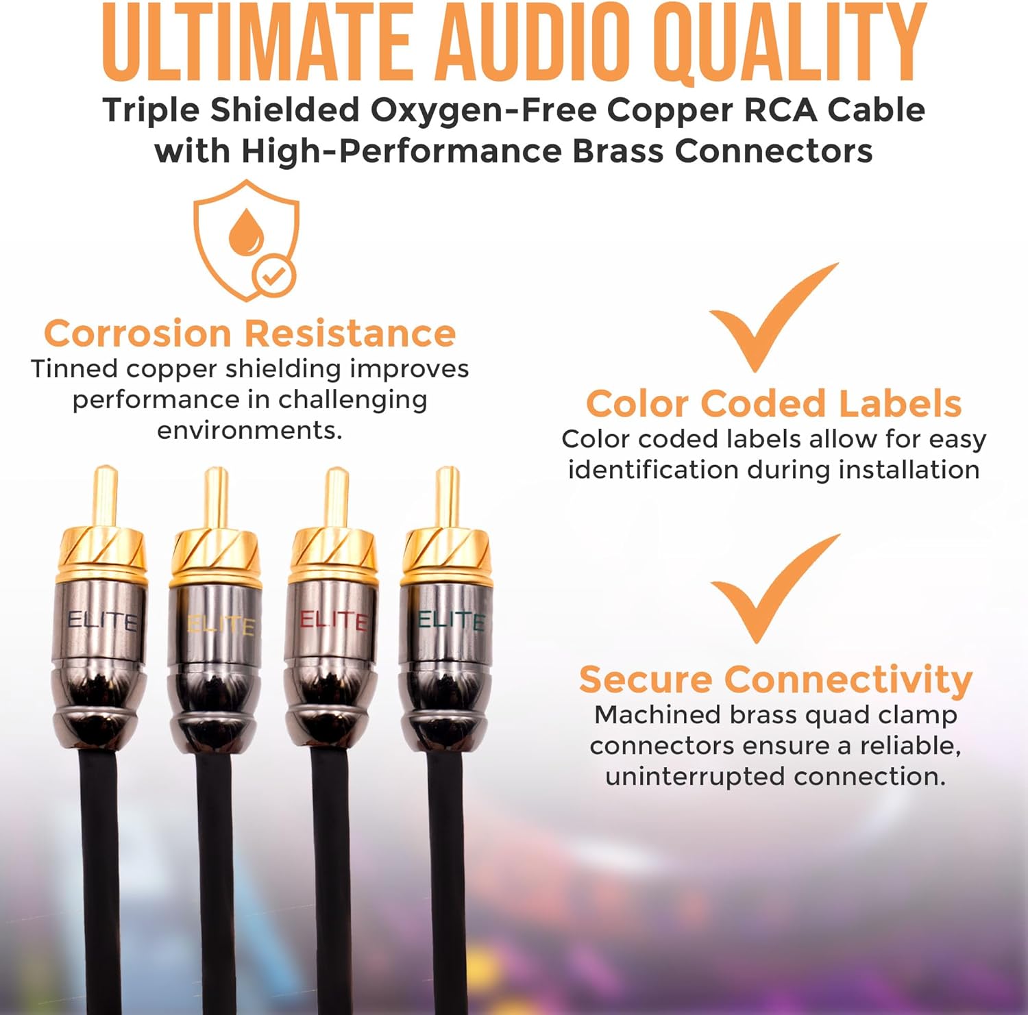 Elite Audio Pro Series RCA Cable Bundle for Equalizer or Processor Install: 1x 4-Channel 17 ft & 1x 2-Channel 3 ft RCA Cable for Car Audio Installation