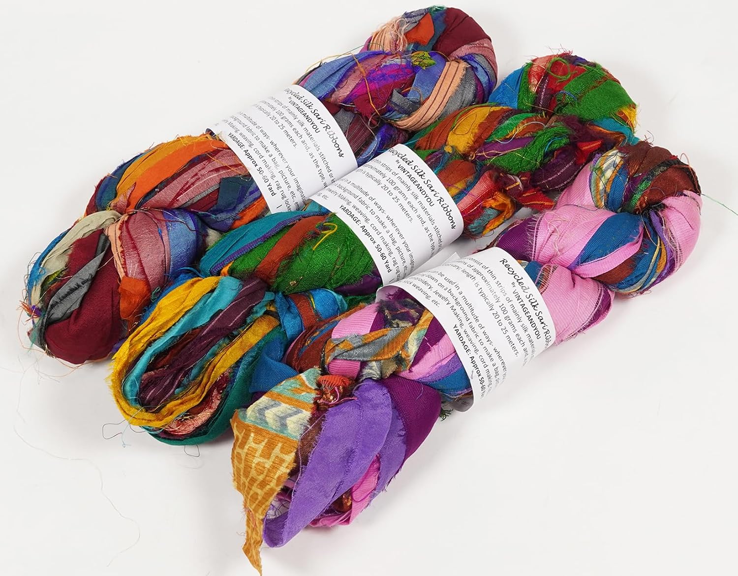 Artisan Recycled Sari Silk Ribbon Yarn - 300g (3 x 100g Skeins) | Handmade Upcycled Silk Strips for Crochet, Macramé, Weaving, Rug Hooking & Mixed Media Crafts | Multicolor