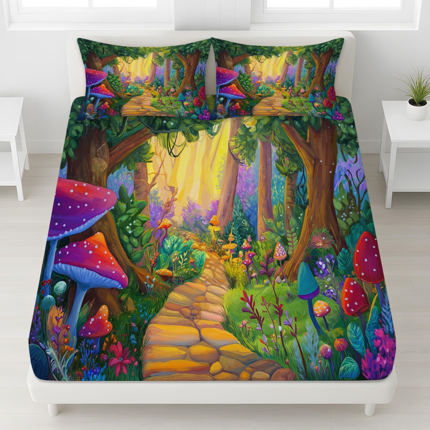 Cartoon Wald Spannbetttuch Märchenhaft Weg Pilz Bäume Spannbettlaken 200 x 200 x 30 cm 3teilig Mikrofaser Bettwäsche Set mit 2 Kissenbezüge 80 x 80 cm Kein Flachbettlaken