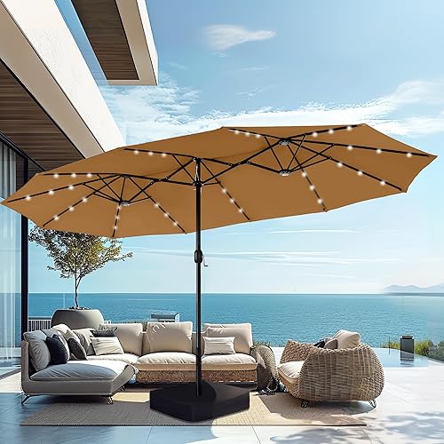 PHI VILLA 15ft Large Patio Umbrella with Solar Lights, Double-Sided Outdoor Market Rectangle Umbrellas with 36 LED Lights, Umbrella Base (Stand) Included, Tawny