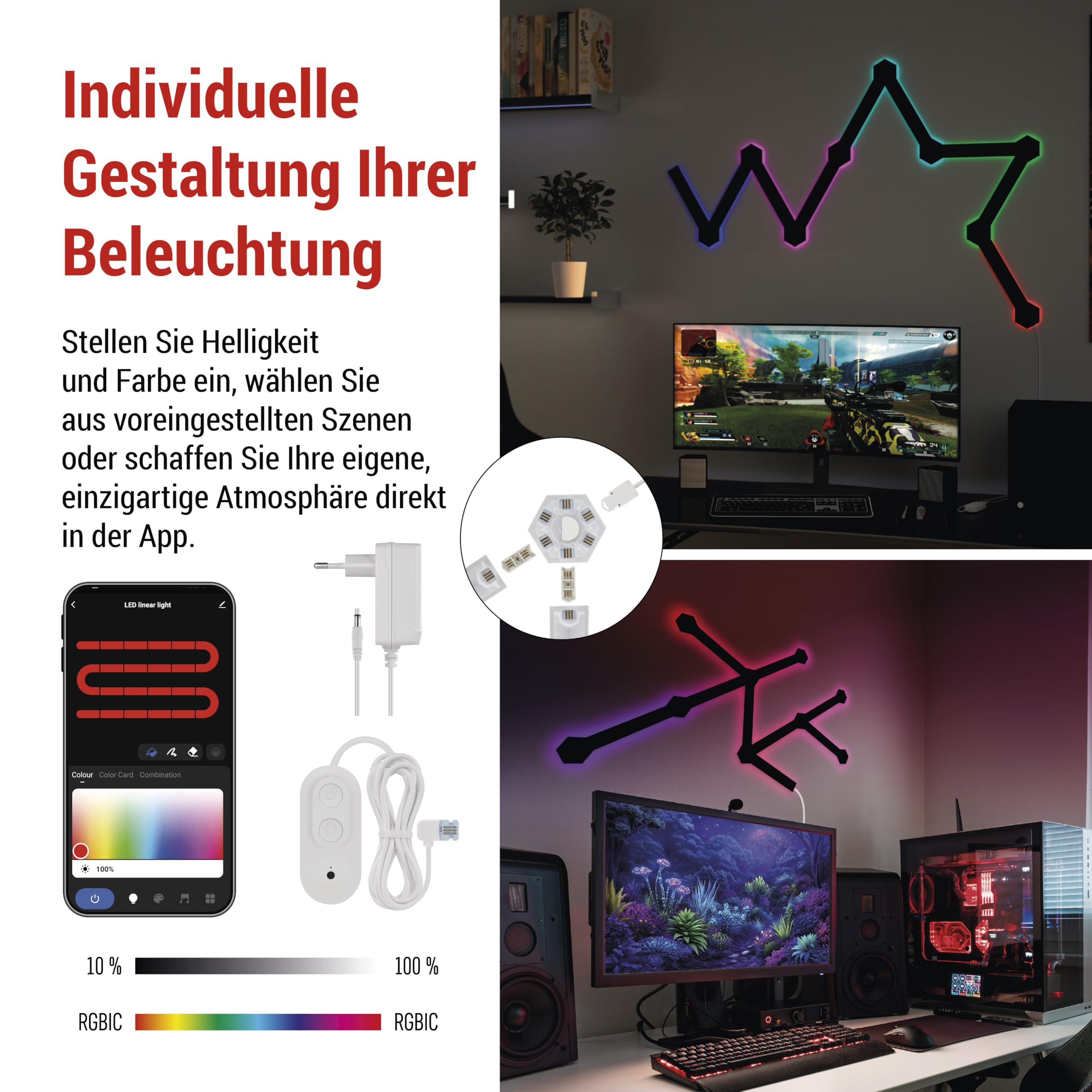 EMOS - Aplique inteligente RGBIC para juegos con aplicación, 9+9 piezas - Iluminación modular - 16 millones de colores, sincronización de música, control por voz - Luz ambiental WiFi de 2,4 GHz