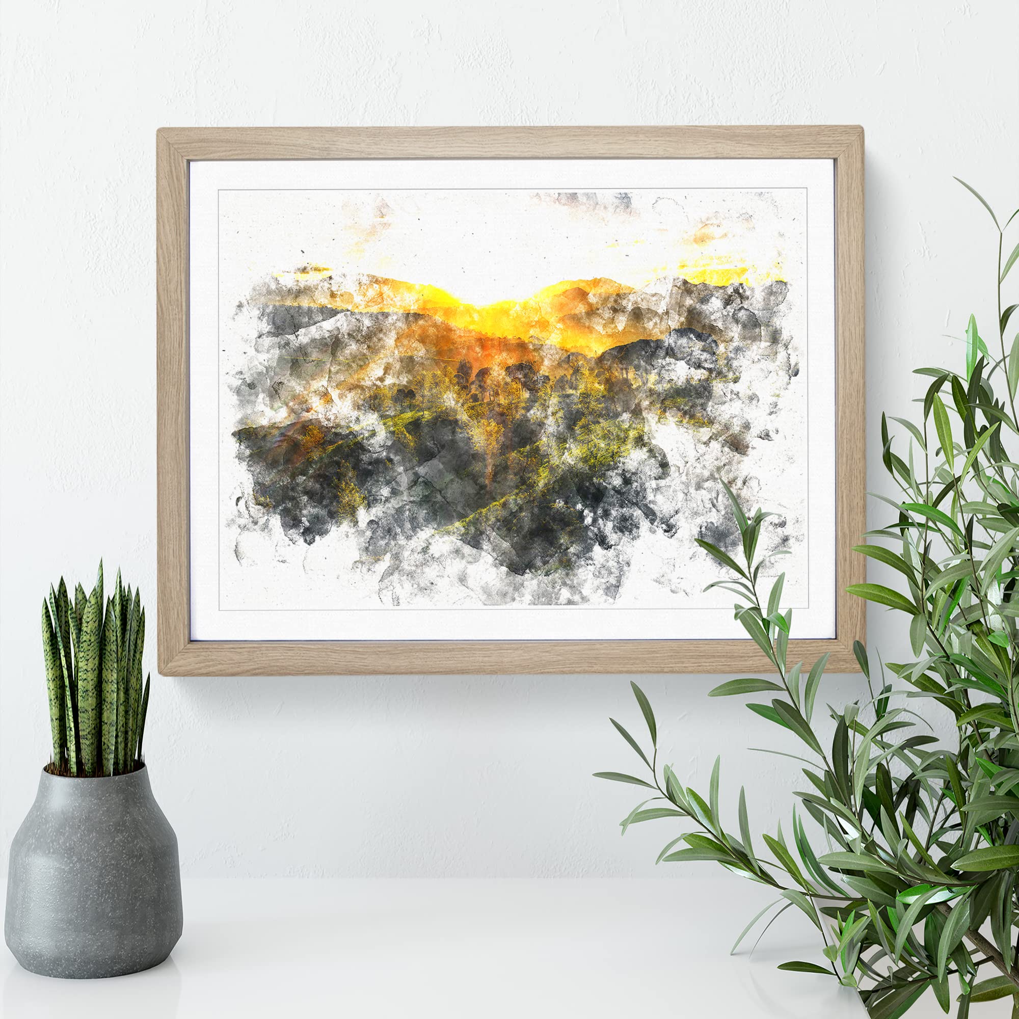 Sunlight Over The Countryside Watercolour Modern Framed Print, Oak, A3 (46 x 34 cm) - Image 3