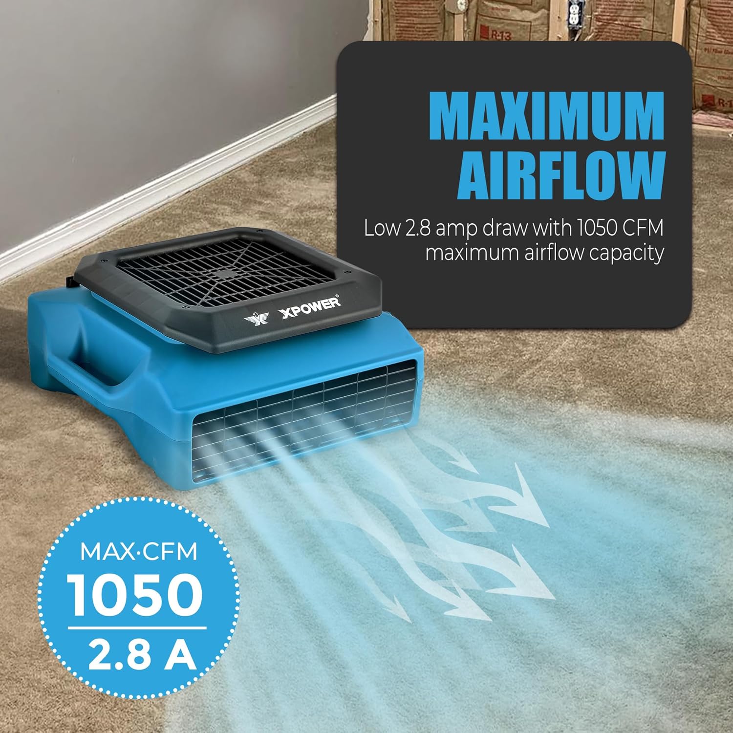 XPOWER PL-700A 1/3HP 1050 CFM Air Mover – Sealed Motor Low Profile Carpet Dryer – Air Blower Build-In GFCI Power Outlets & Hour Meter Dryer Floor Fan