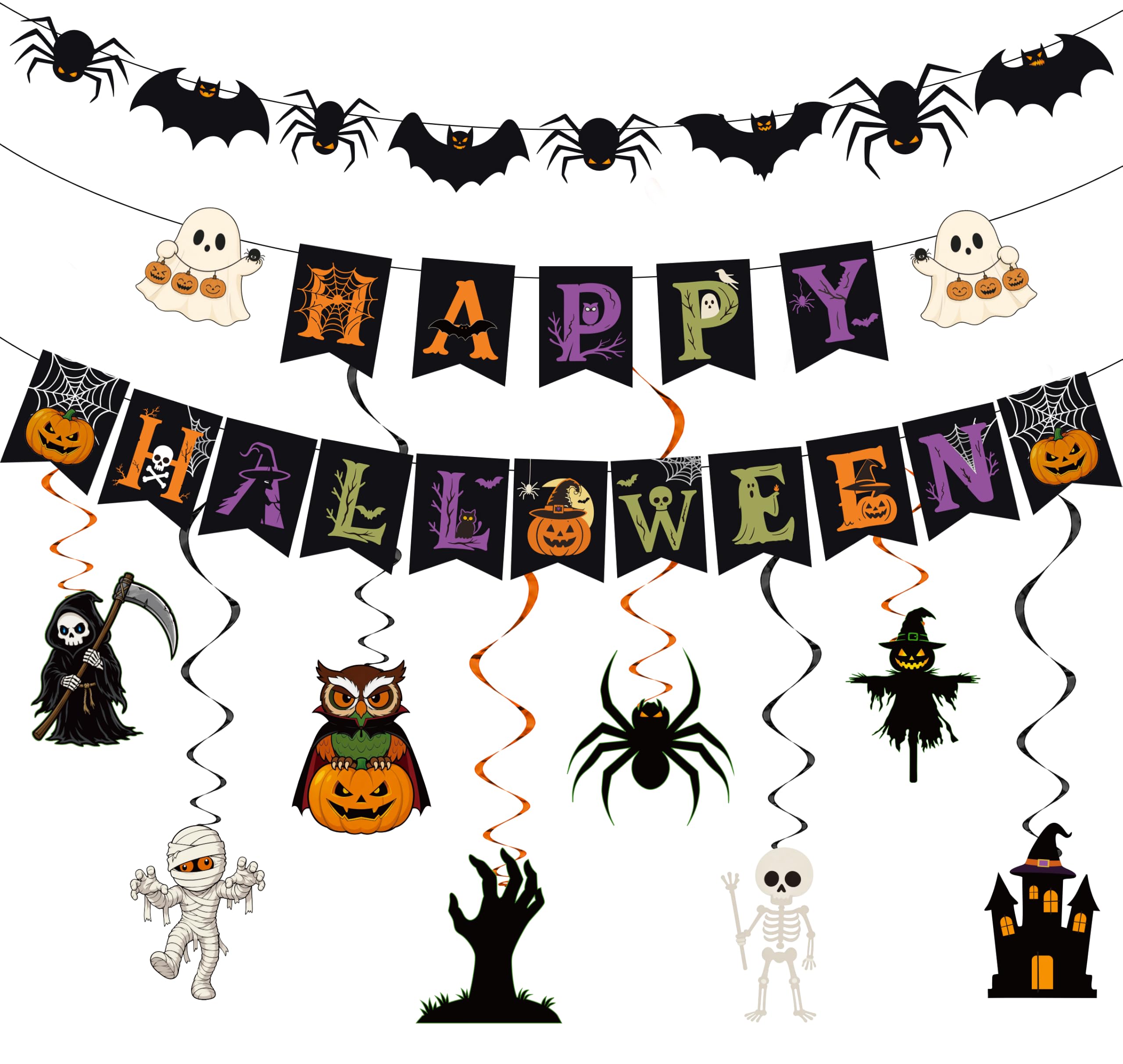Retro Halloween Banner Set with 8 Hanging Swirls for Home Decor | Pre-Strung Banner with Pumpkin, Ghost, Witch and Bat Designs for Easy Decorating on Walls, Mantels and Doorways