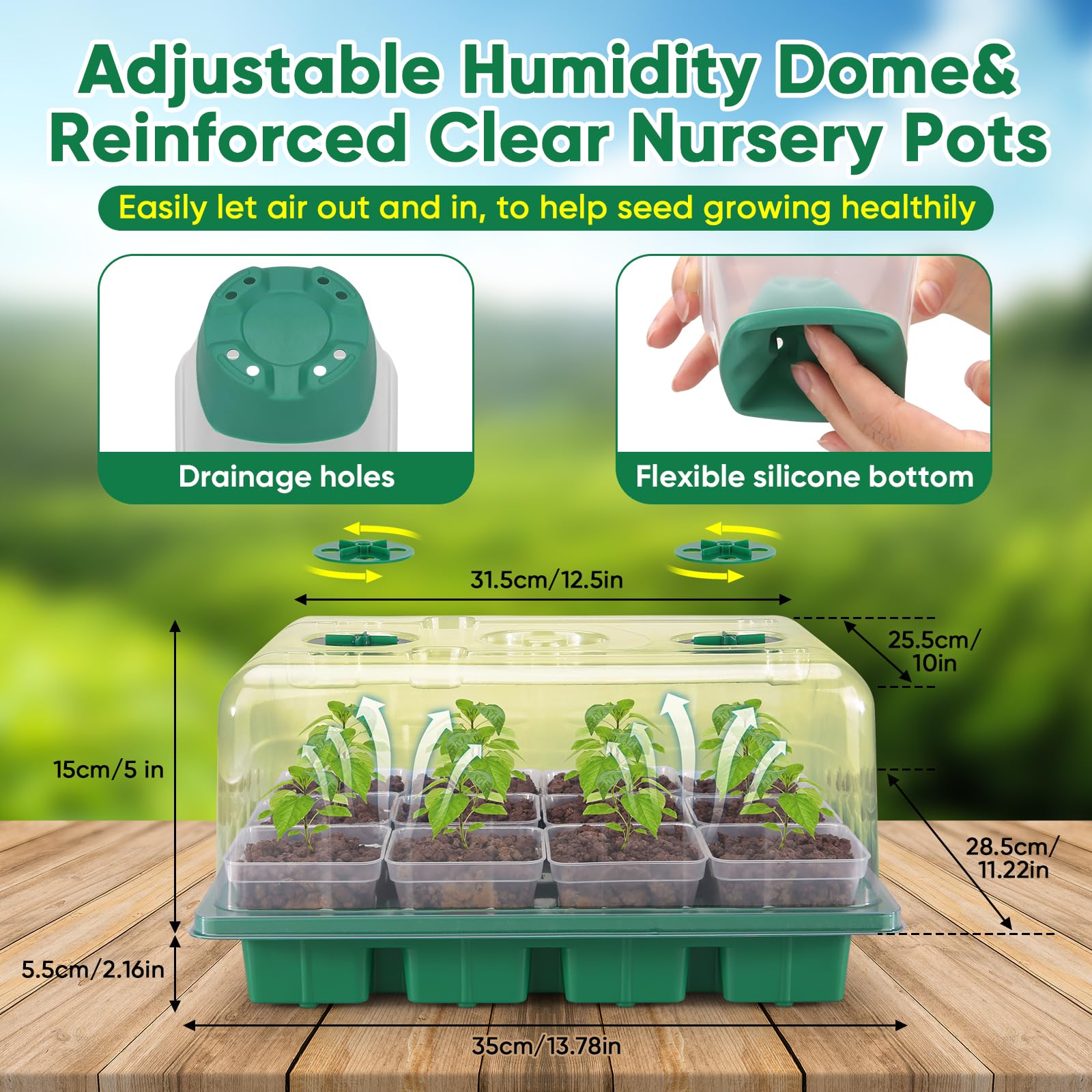 BlumWay Lot de 2 mini serres d'intérieur avec lampe pour plantes - 24 cellules - Avec dôme d'humidité - Réutilisables - Mini serre