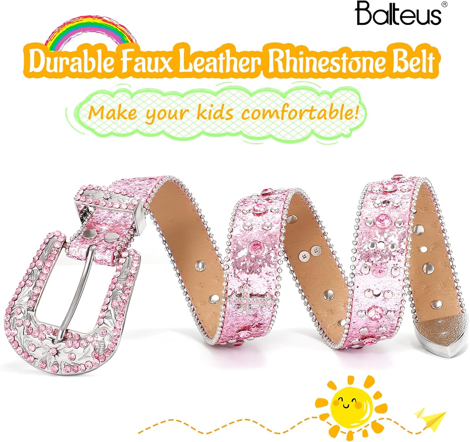 Kids Rhinestone Belt for Girls and Boys,Fashion Western Cowgirl Cowboy Bling Studded Design Leather Belt Diamond Belt - Image 5