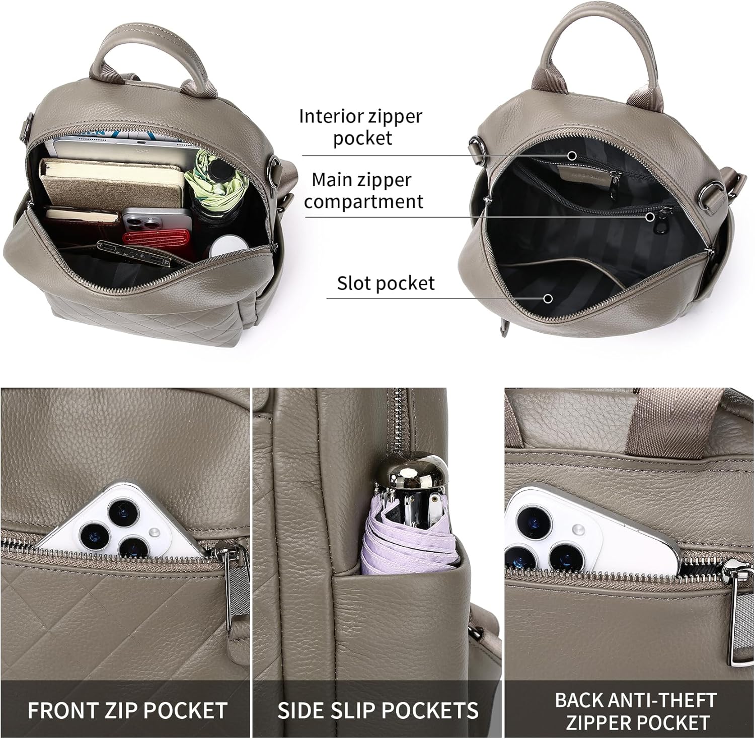 Genuine Leather Backpack Purse For Women Grey Quilted Real Soft Leather Fashion Designer Convertible Ladies Shoulder Bag - Image 7