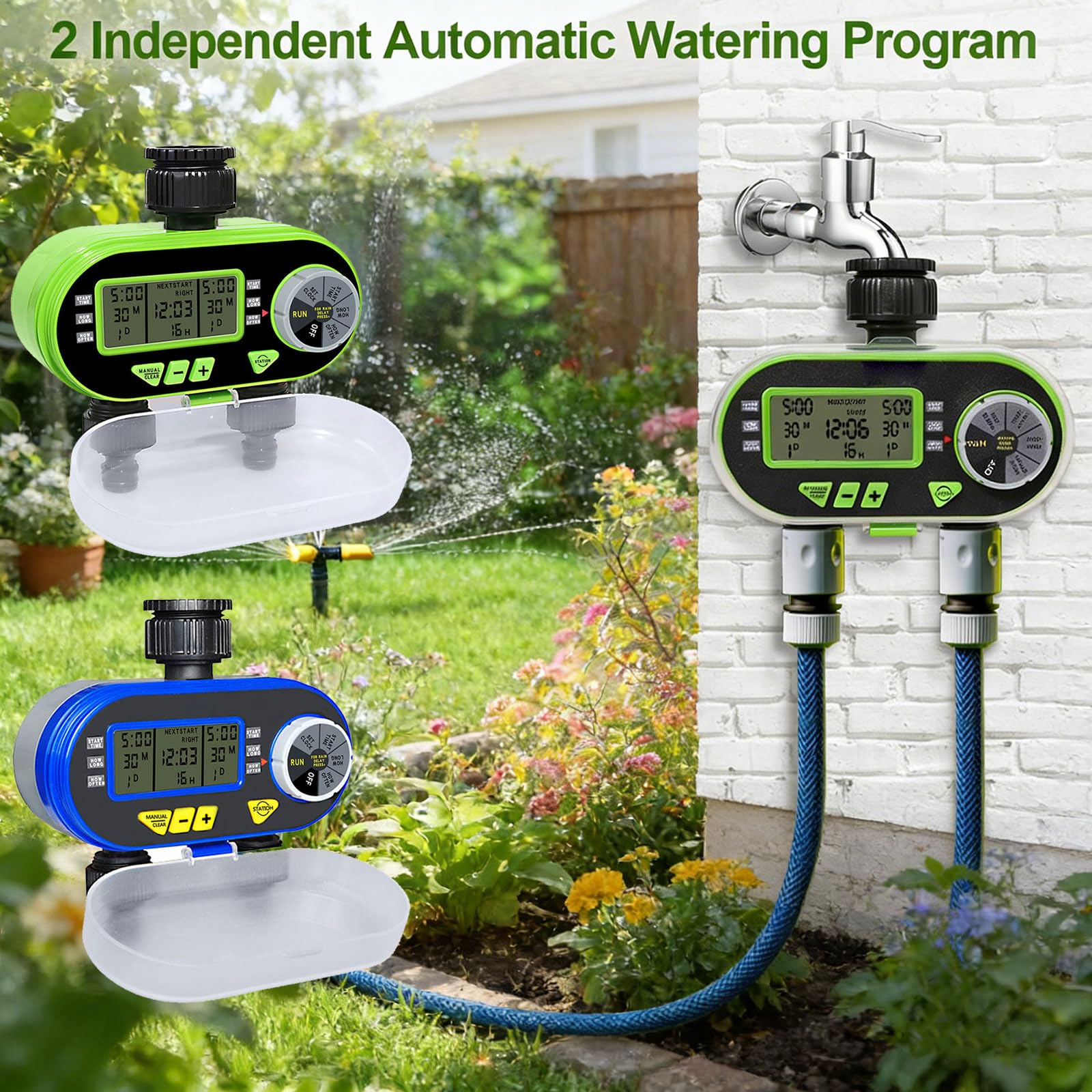 Timer di irrigazione automatico per fiori, con display LCD e impostazioni di irrigazione personalizzabili, efficiente dispositivo di irrigazione a due sezioni per giardini domestici