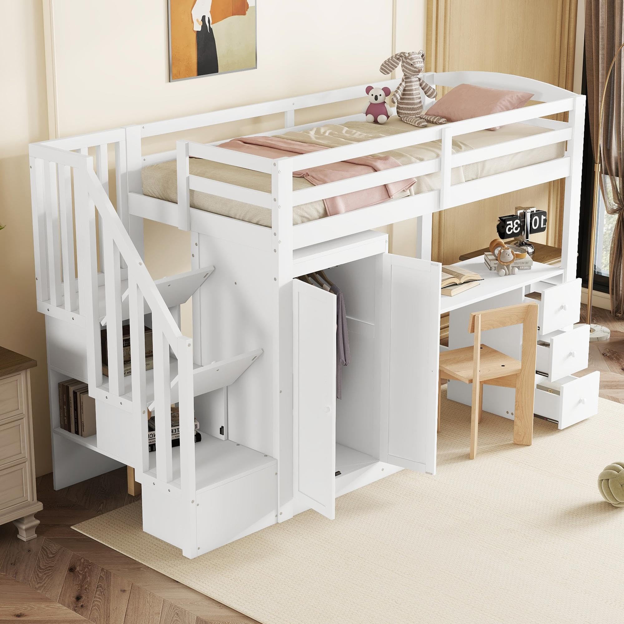 Gegtuon Kinderbett Bett 90x200 für Kinder mit Schreibtisch und Kleiderschrank, Hochbett Hausbett mit Stauraum Schubladen und Treppe, Bettgestell mit Lattenrost und Rausfallschutz, ohne Matratze, Weiß