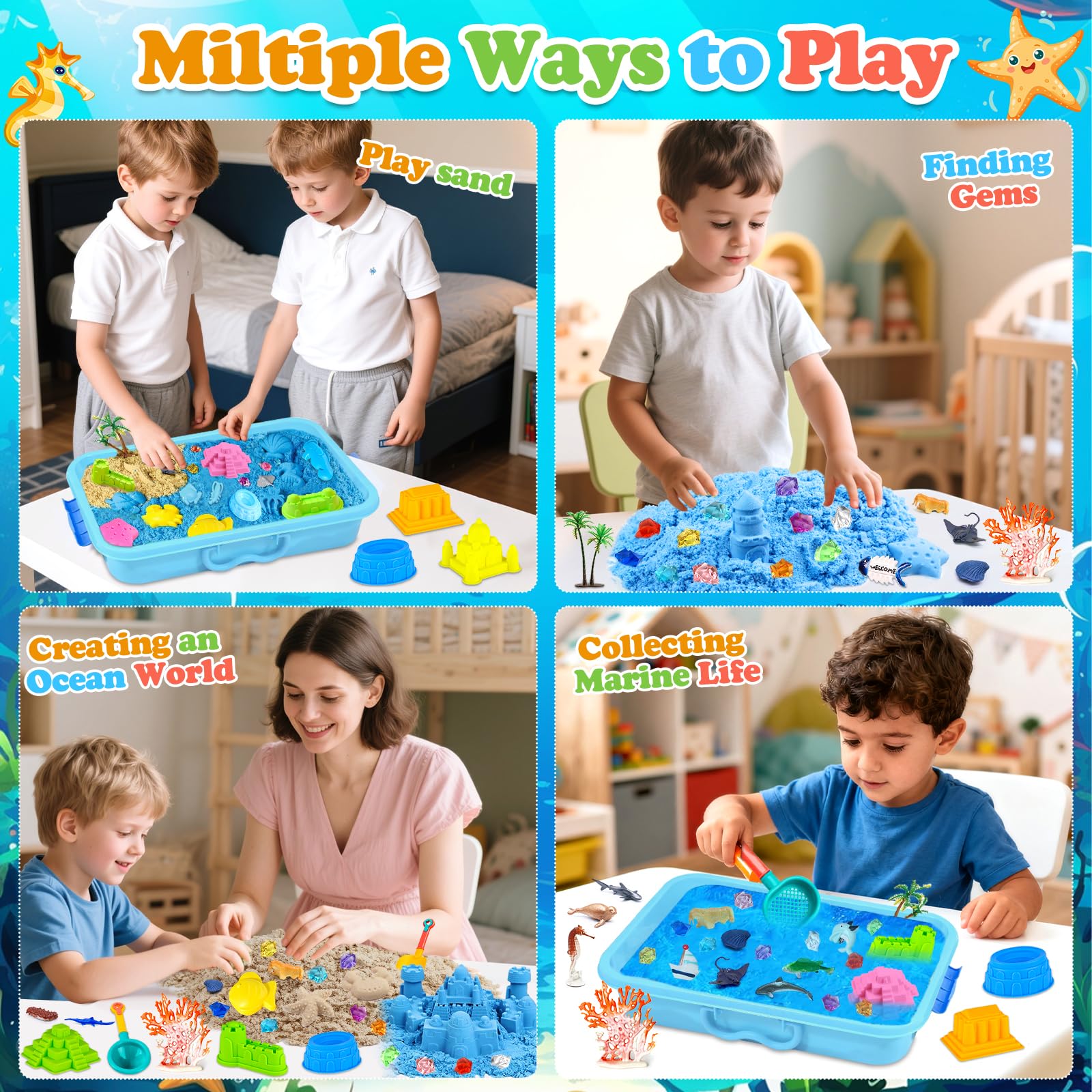 AMCHLEL Sable Magique, Jouets Sensoriels Enfant, Magic Sand avec Moule à Sable et Des Jouets Océaniques, Bac a Sable avec Couvercle, Sable Magique Enfant pour 3+Ans Garçon Fille