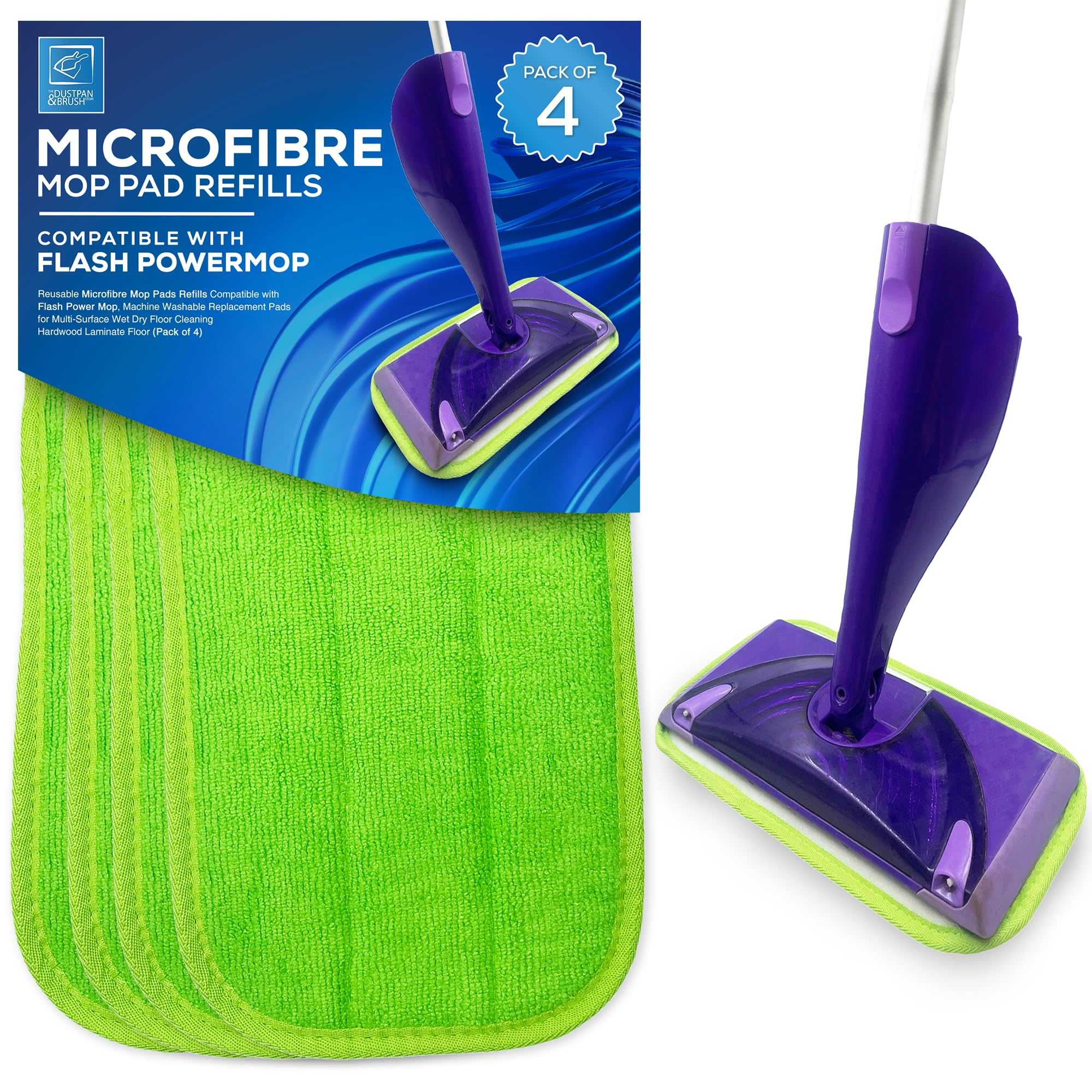 Reusable Microfibre Mop Pads Refills Compatible with Flash Power Mop, Machine Washable Replacement Pads for Multi-Surface Wet Dry Floor Cleaning Hardwood Laminate Floor (Pack of 4)