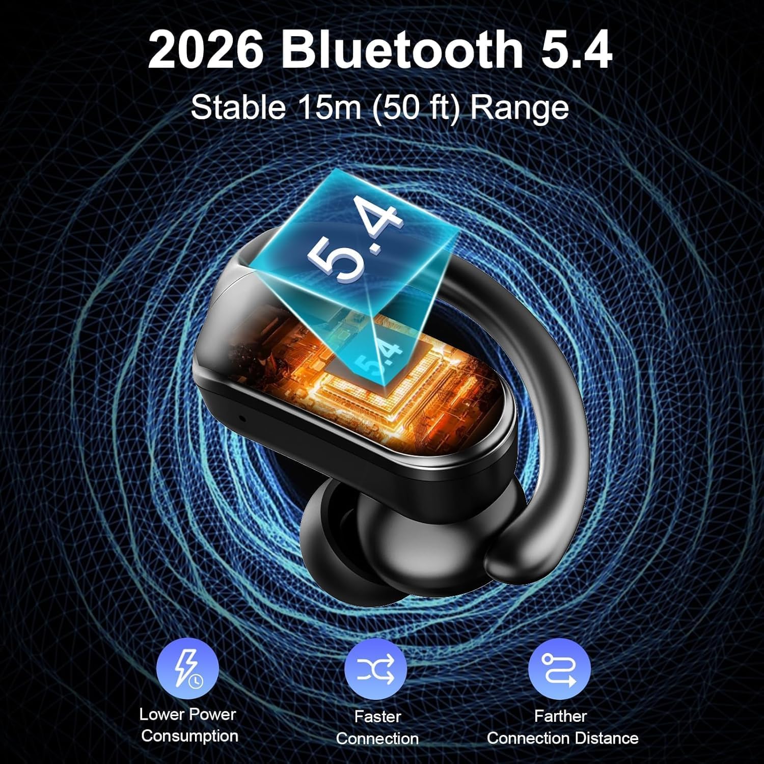 Cuffie Bluetooth sportive, 70 ore, in-ear, Bluetooth 5.4, HiFi stereo bassi profondi, senza fili, con 4 microfoni antirumore, IPX8, impermeabili, con gancio per le orecchie, indicatore LED, Android