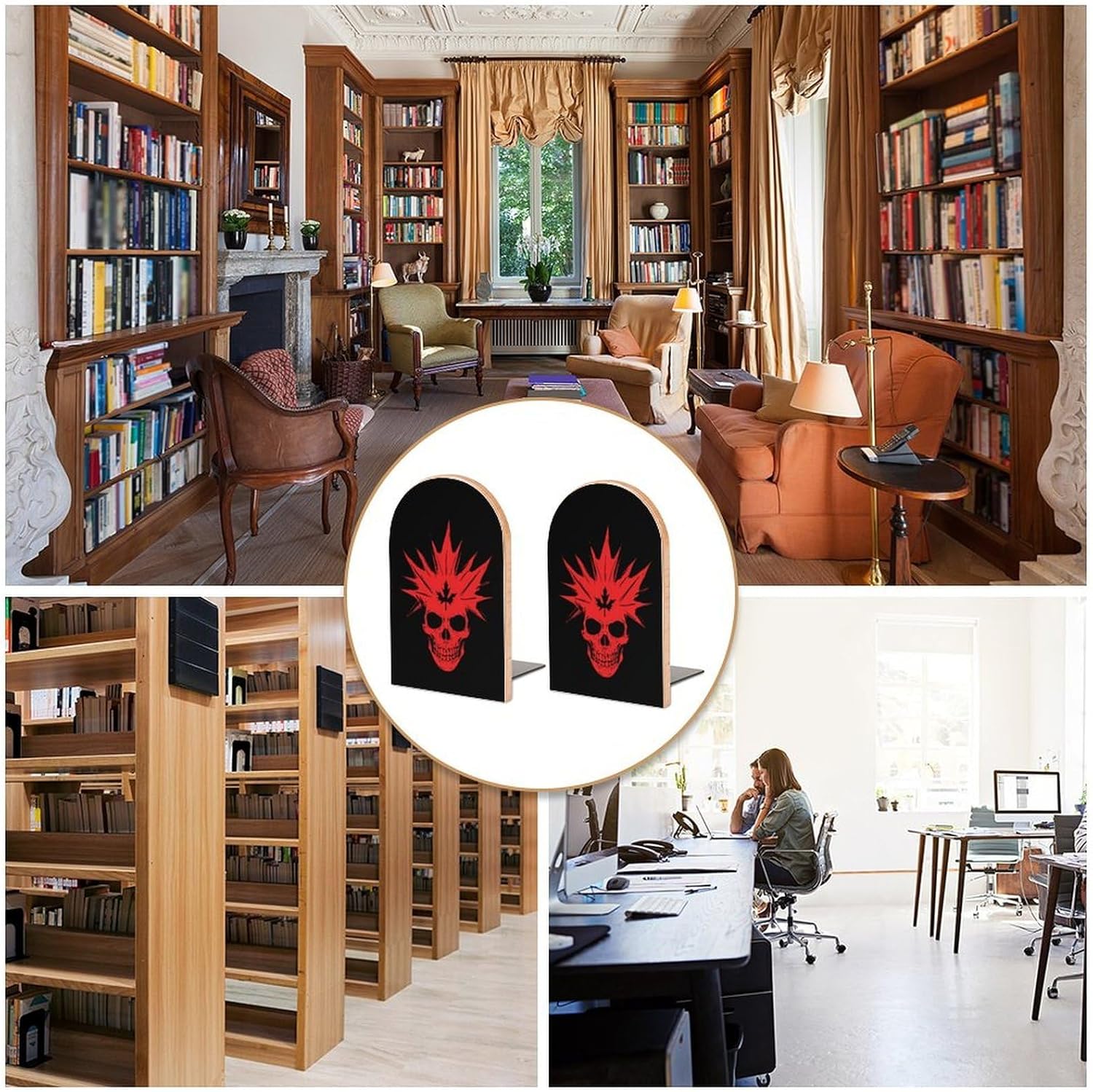 Maple Leaf Skull Canada Flag Cute Wood Book Ends Decorative Bookends 1 Pair Non-Skid for Shelves Home Office 7 X 5 Inch