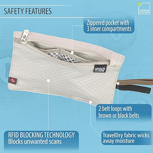 Miniatura 3 de Lewis N Clark Cartera de cinturón de viaje oculto con bloqueo RFID Bronceado Bolsa de viaje para cinturón de dinero con bloqueo RFID  tarjeta de