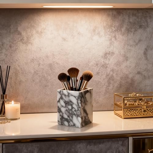 Miniatura 9 de Soporte para bolígrafo de mármol, organizador de escritorio rectangular de piedra blanca, almacenamiento de brochas de maquillaje para estudio de
