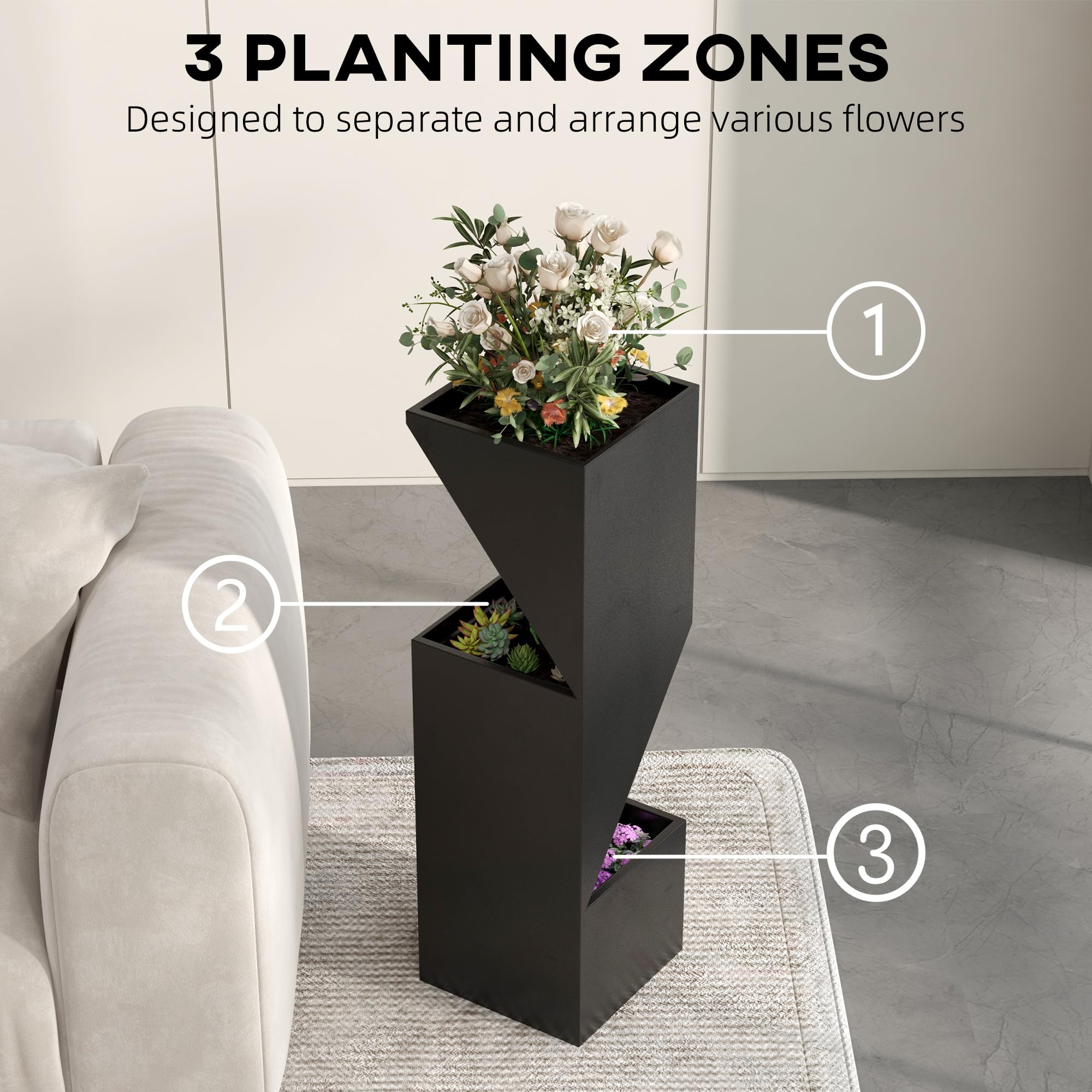 Outsunny 3-Zone Außenpflanzkübel mit Drainage 30x30x100cm Schwarz | Metall Pflanzentopf für Innen