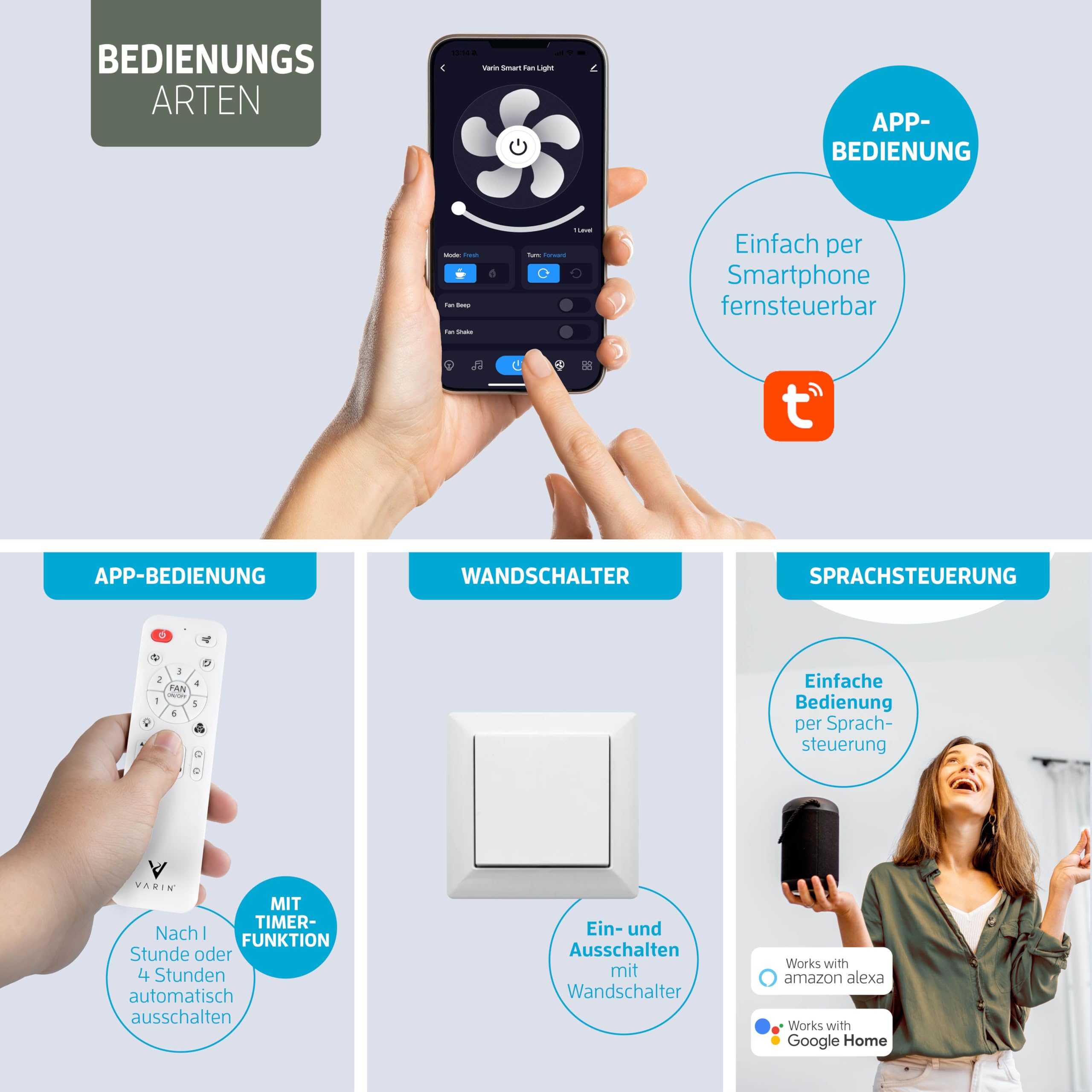 Varin® Smart Deckenventilator mit Beleuchtung, Ø 50 cm - Schwarz/Schwarz | Deckenlampe mit Ventilator Schlafzimmer, Tuya WLAN, LED 30W RGBW, Ventilator Leise , Fernbedienung, 3000K bis 6000K