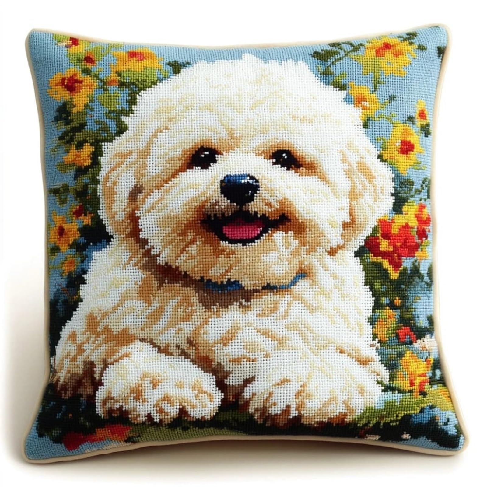 WallustrioaW Cross Stitch Kits,Cushion Kits Stamped Canvas,Bichon Frise DIY Embroidery Pillow Case,18x18in Cushion Covers for Living Room Sofa Throw Pillow Case