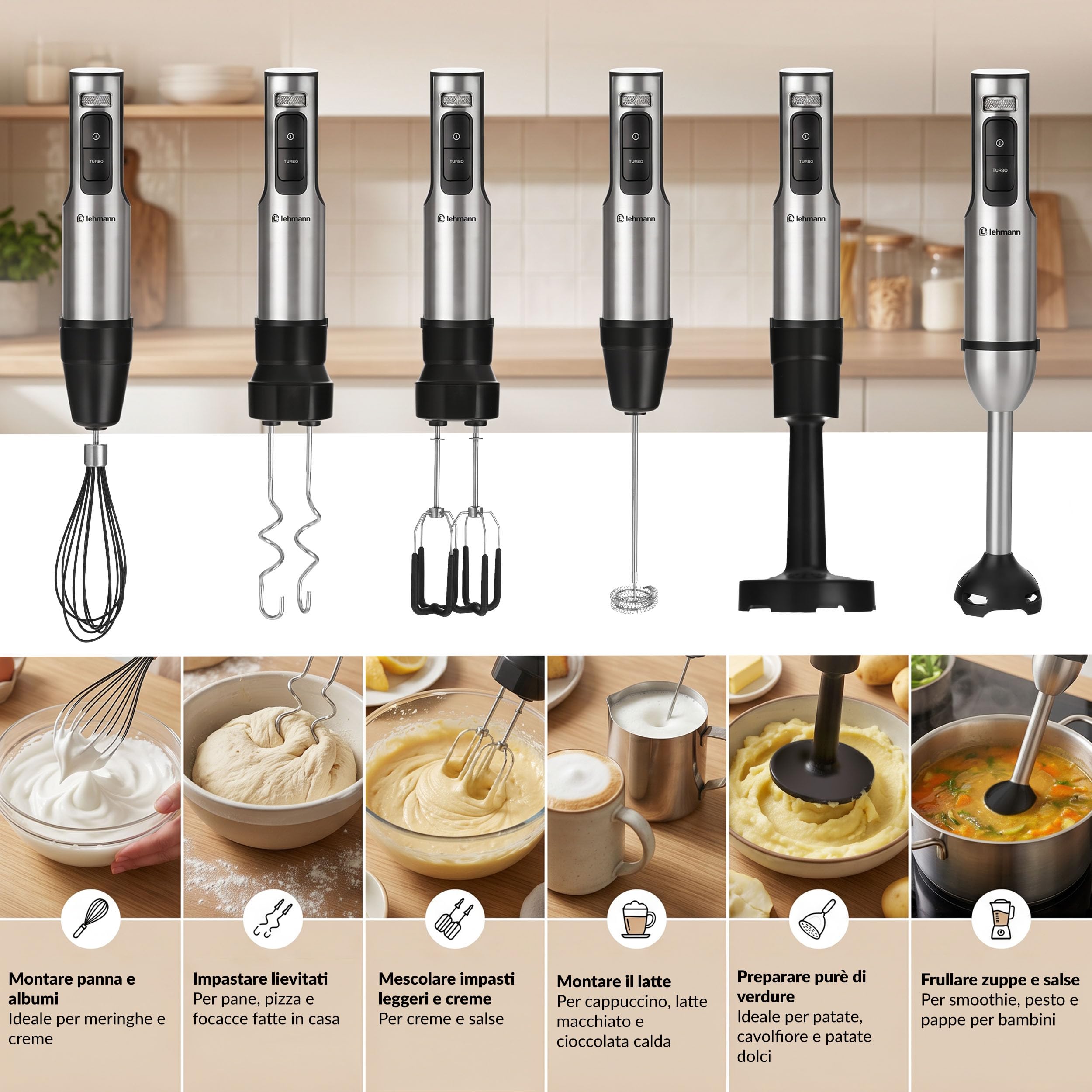 LEHMANN Set Frullatore a Immersione Multifunzione 10 in 1, 2000 W, 12 Velocità e Turbo, 12 Accessori, Bicchiere 800 ml, Tritatutto 600 ml & 1500 ml senza BPA, Sistema Antispruzzo e Antigraffio