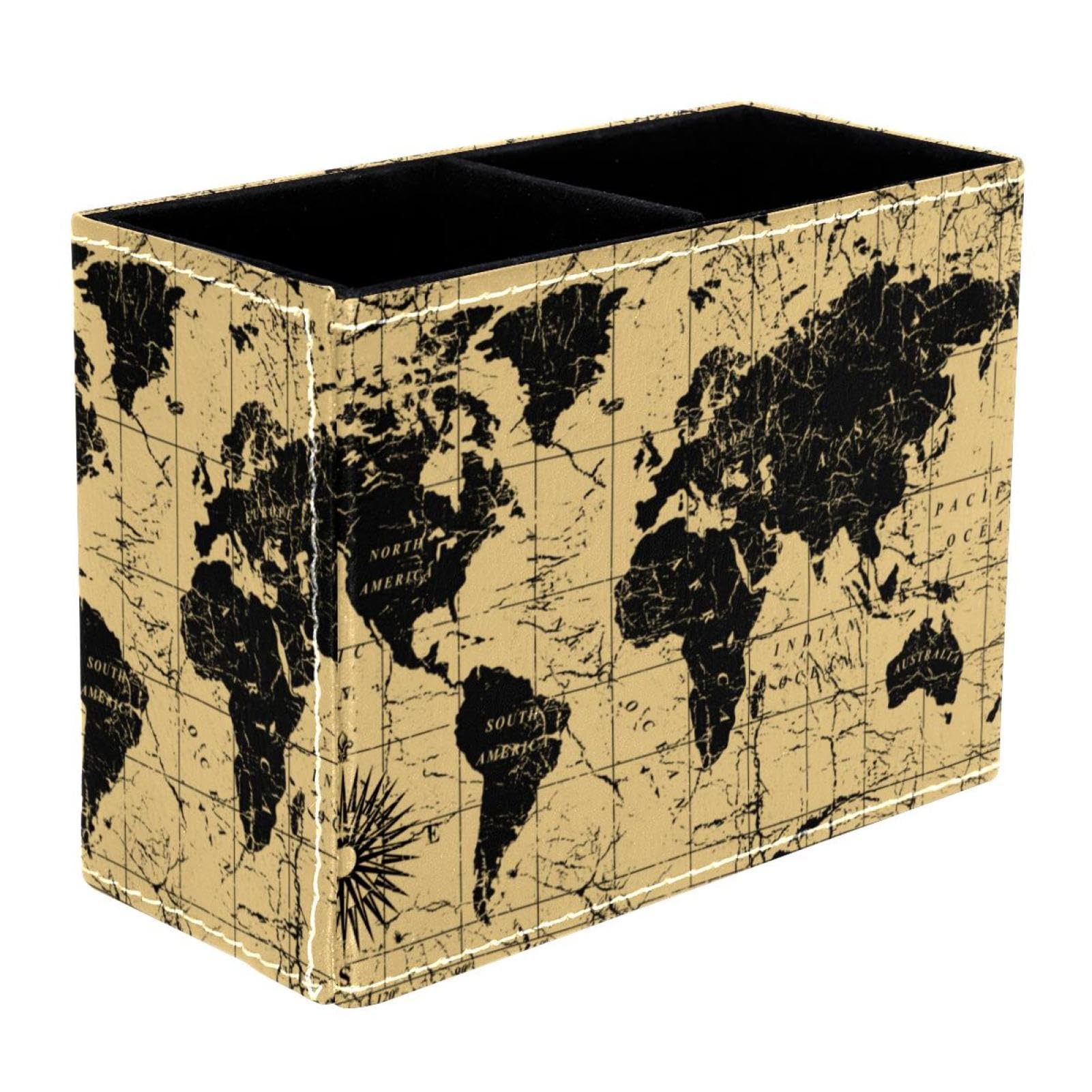 VAPOKF Retro Old World Map Kompass Stifthalter für Schreibtisch, 2 Fächer, Stiftehalter, Make-up-Pinsel, Aufbewahrung, Schreibtisch, Schreibwaren, Organizer für Home Office Bürobedarf & Schreibwaren