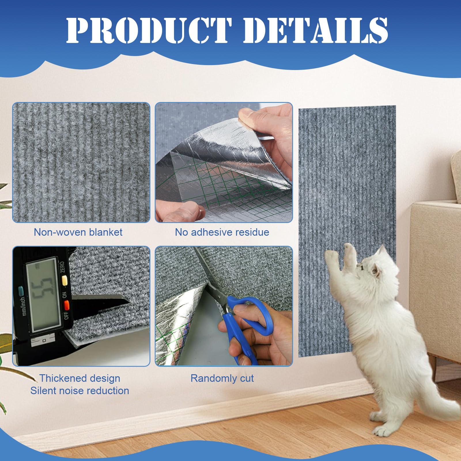 Cat Scratching Mat, Trimmable Cat Scratch Couch Furniture Protector Self-Adhesive Cat Scratch Pad DIY Climbing Cat Scratcher Carpet for Furniture, Wall Protector (Dark Grey, 78.7