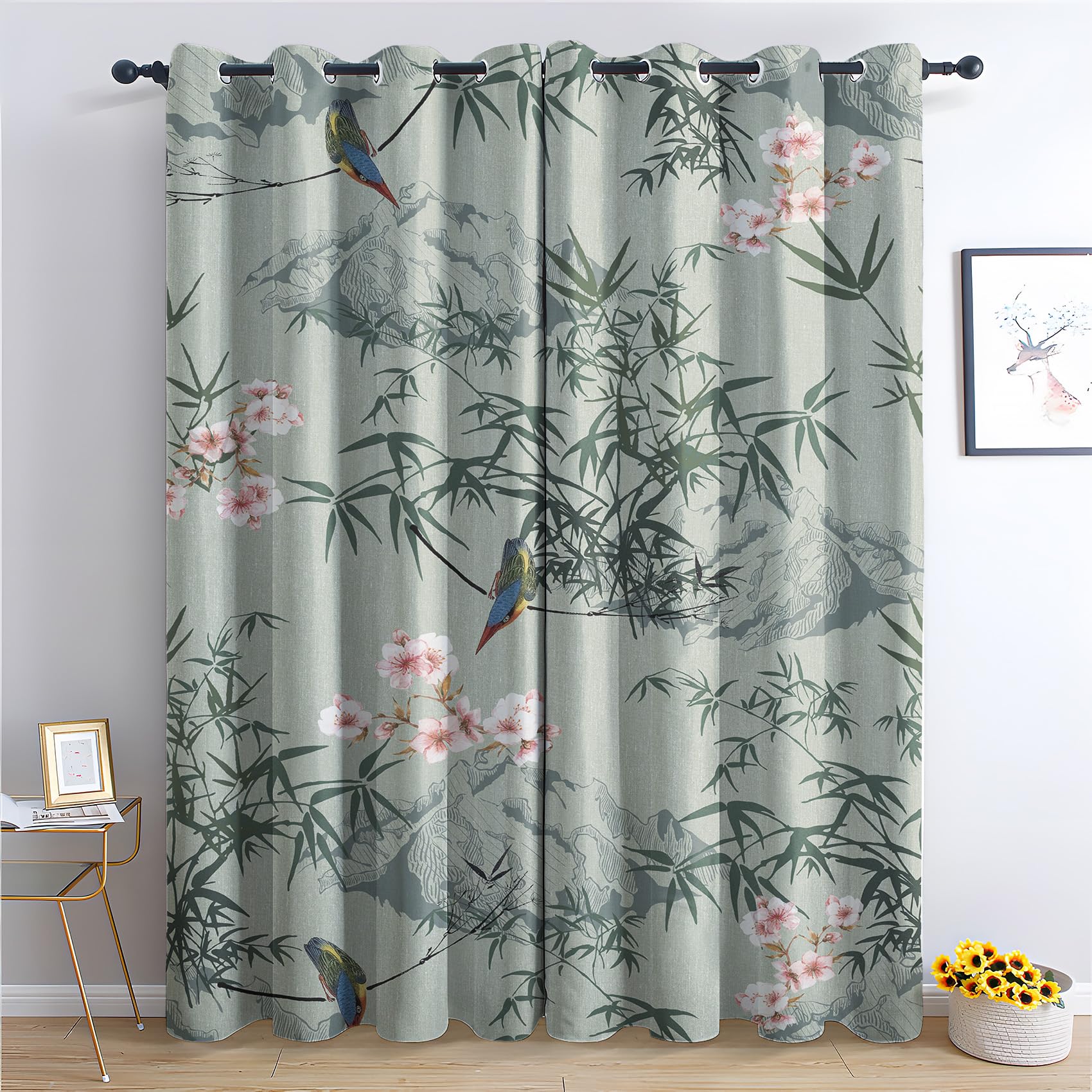 Bauernhaus Blumen Vorhänge 2er Set - Verdunklungsvorhänge Mit Ösen 220x140cm