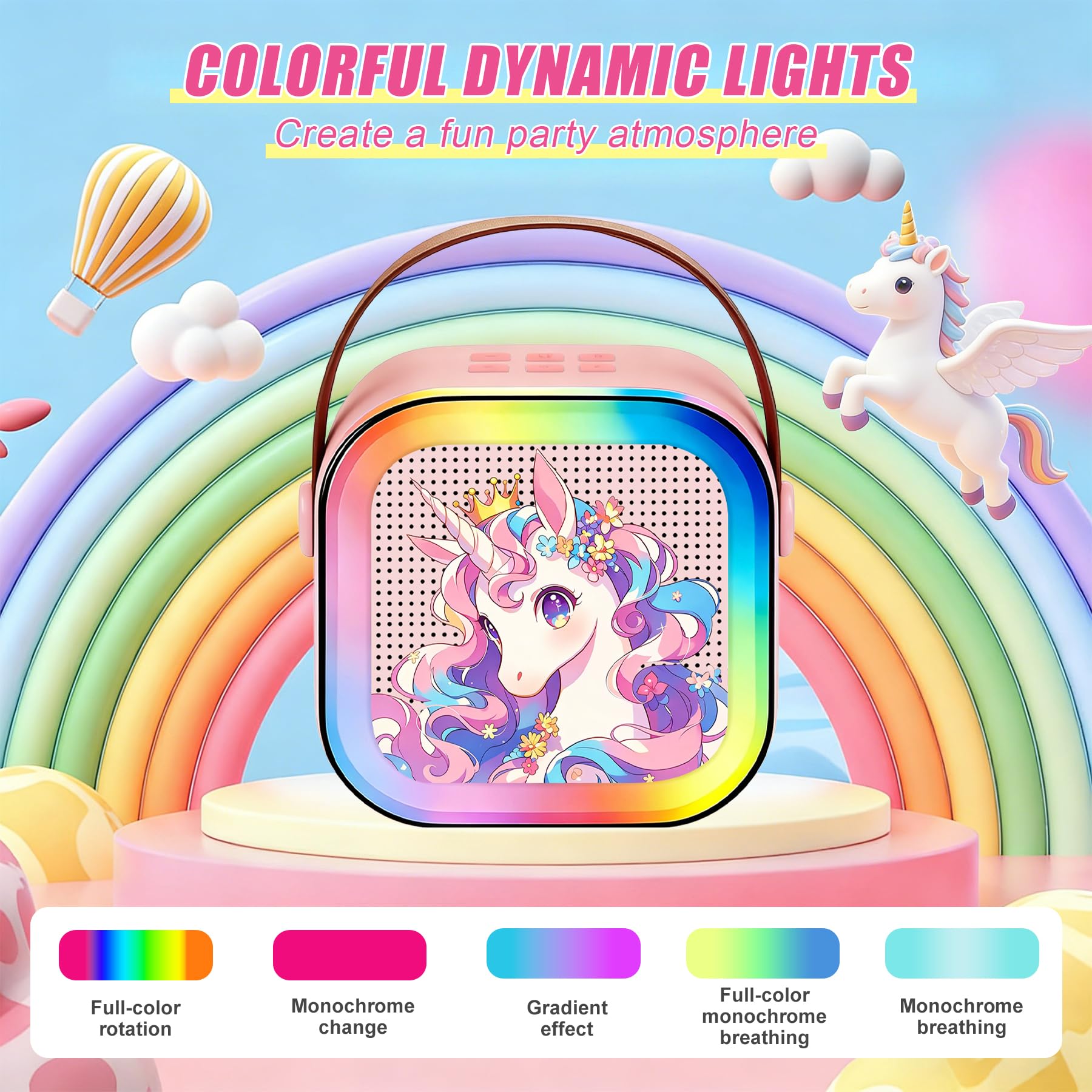 Karaoke Maschine mit 2 Funkmikrofonen für Kinder und Partys | Bluetooth 5.3, 4 LED-Effekte, 4 Voice-Changer, TF/USB/AUX, 5-8h Akku, Praktischer Tragegriff, ab 3 Jahren, USB-aufladbar