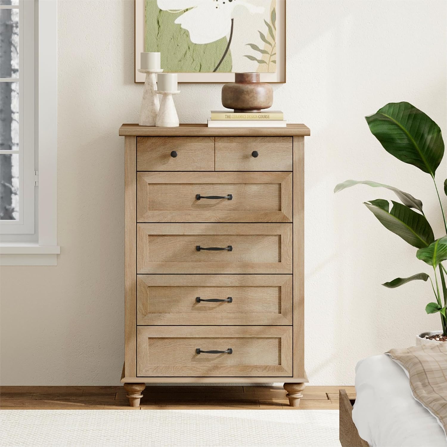 WAMPAT Oak Dresser for Bedroom with 5 Drawers, Tall Kids Dressers with Chest of Drawers, Farmhouse Light Wood Storage Organizer, Samll Dressers for Living Room, Nursery, Hallway