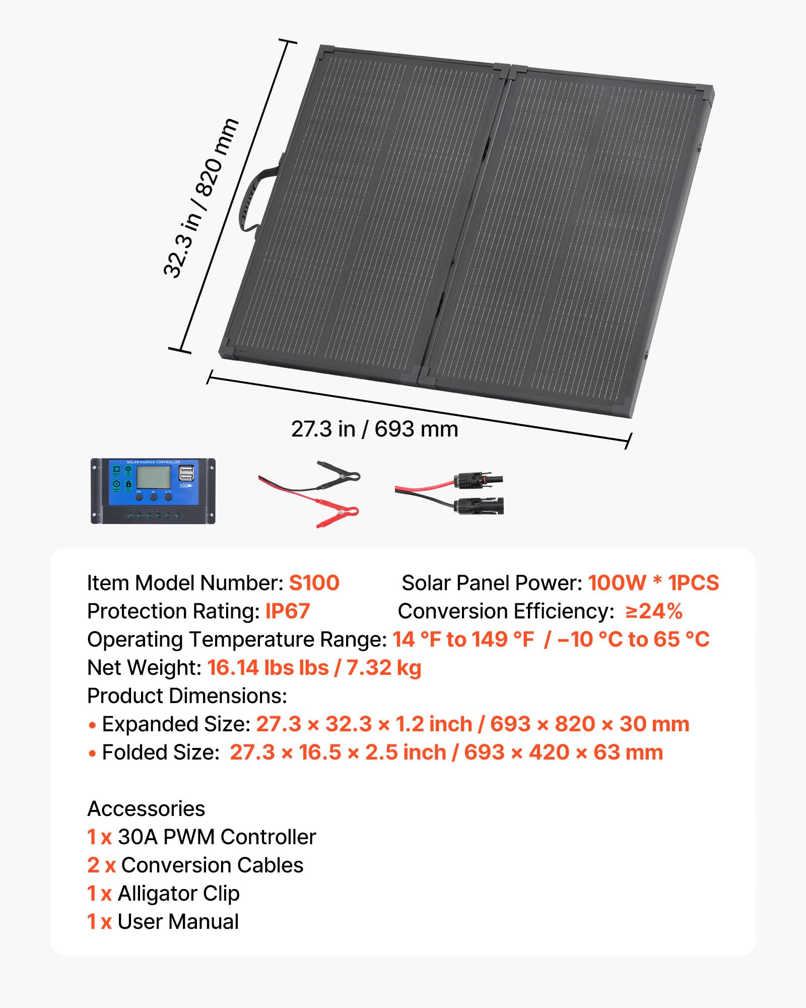 VEVOR Panel Solar Portátil 100W, Placa Fotovoltaica Plegable con Marco, Control y Salida MC4, IP67 Impermeable, Eficiencia hasta 23%, Cargador Solar para Acampadas Autocaravanas Senderismo Viajes