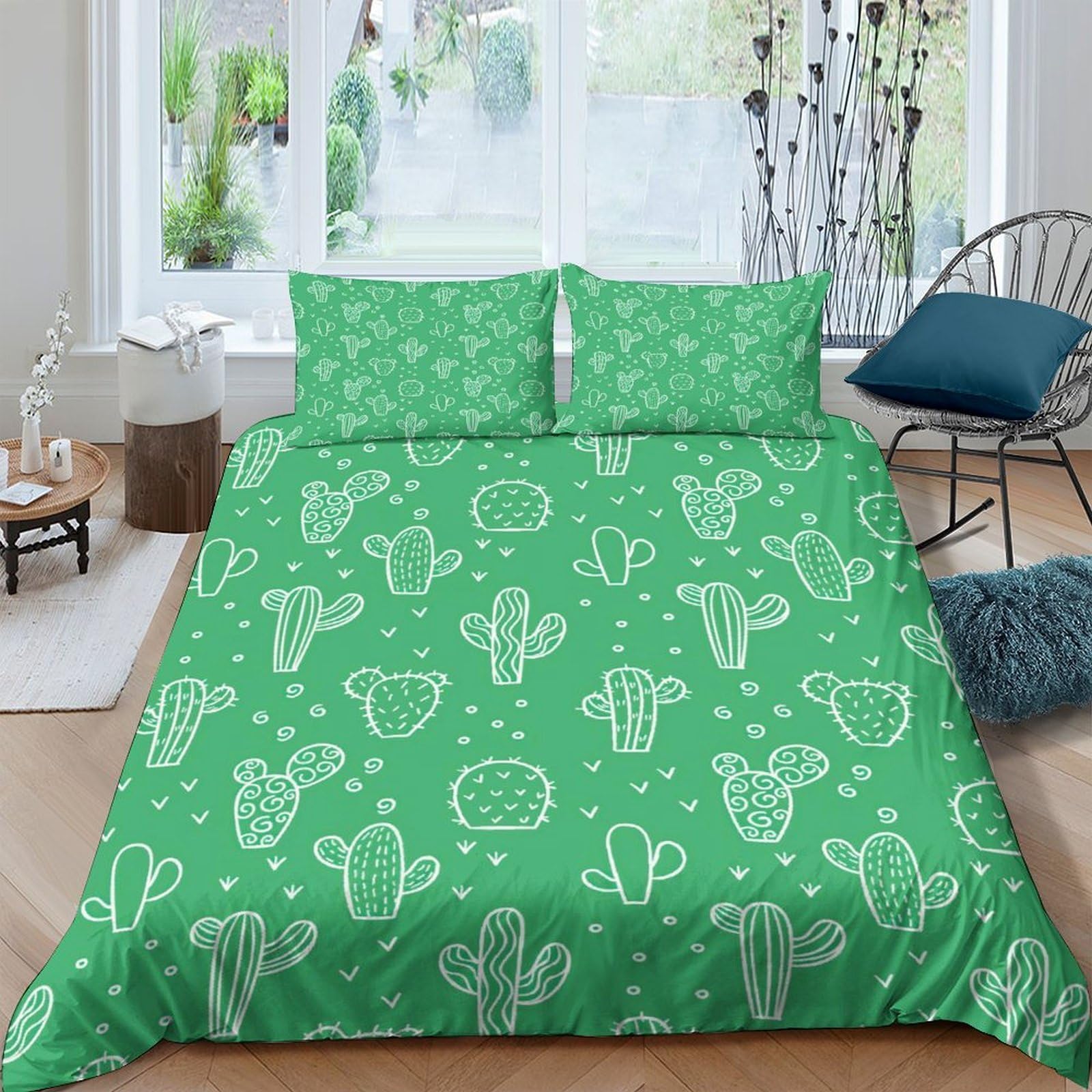 GPLZQXKJNH 3D Printed Green Cactus Duvet Cover Microfiber Soft Breathable Cartoon Botanical Quilt Cover Set with 2 Pillowcases for Bedroom Decor Single（135x200cm）