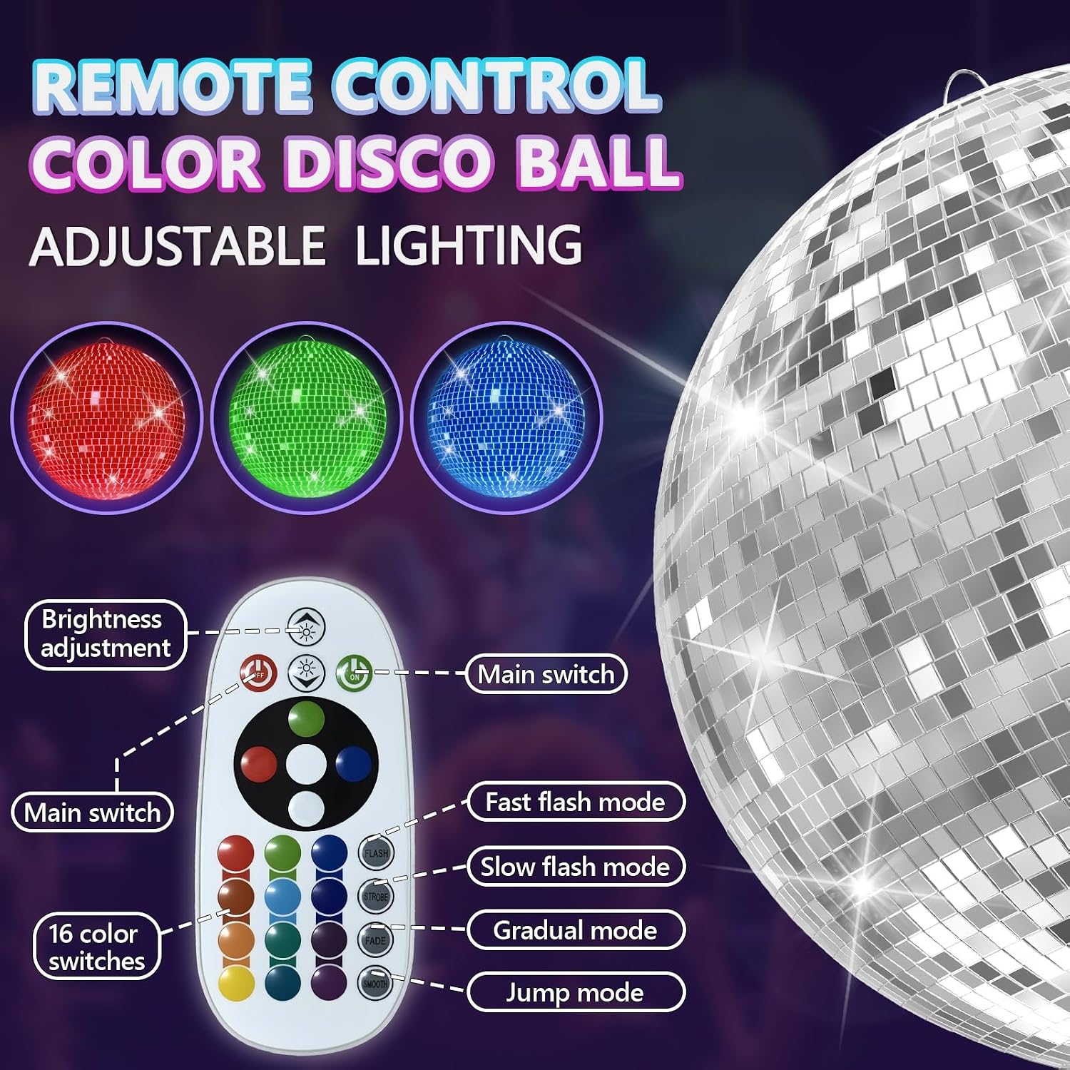 12/16 Inch Large Shiny Mirror Ball Disco Ball - Portable Party Decoration with Remote Control, Perfect for New Years Eve Party to Reflect Lights & Create New Years Balls Drop Magic 40cm