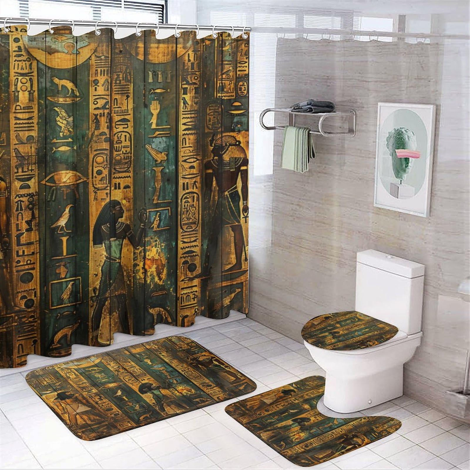 Brebasf Vintage Egyptian Symbol Print Shower Curtain Set Bathroom Set Decorative Abstract Temple Pharaoh Hieroglyphics Anubis Bird 4 Piece Shower