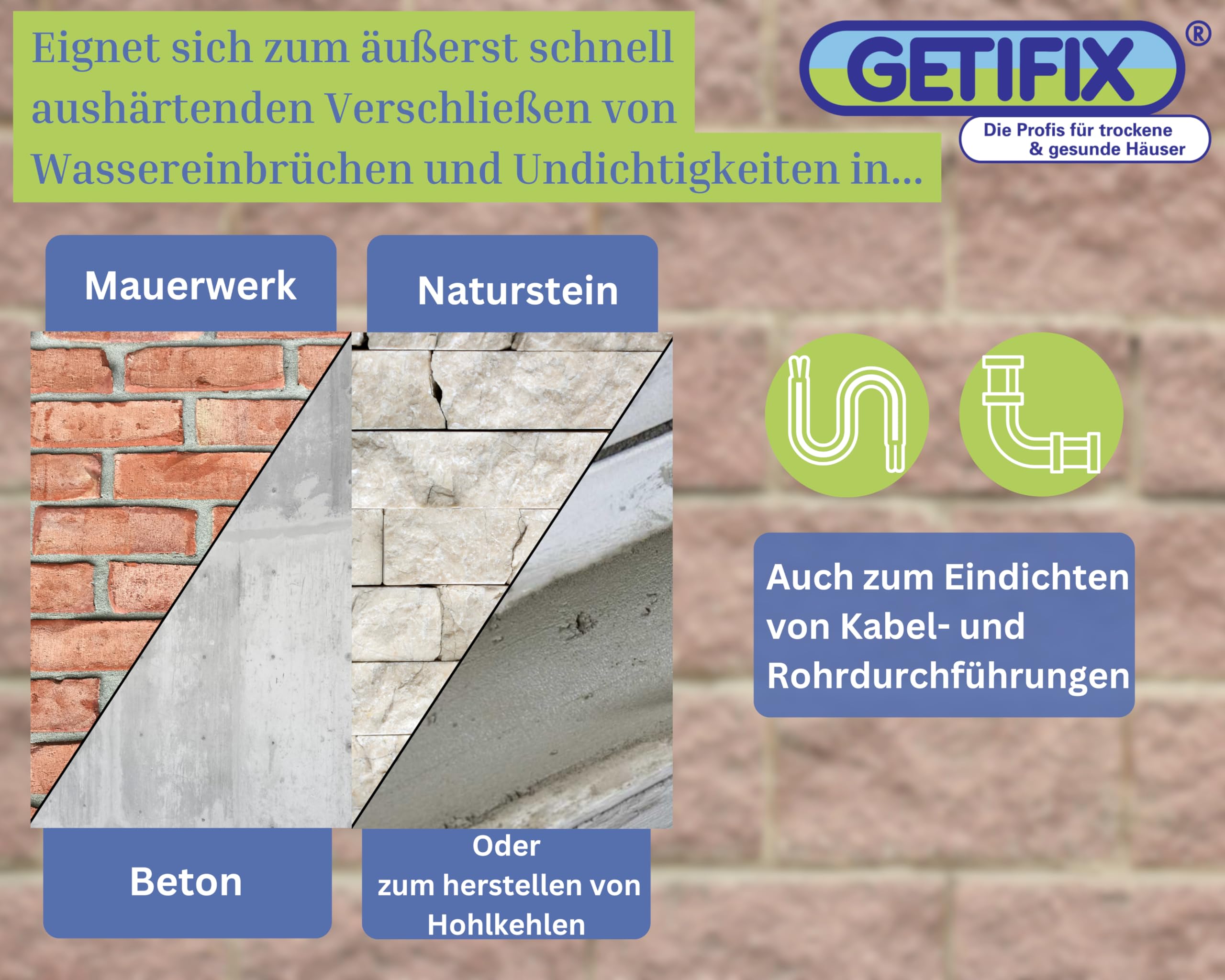 Blitzzement FS 15 kg Eimer – Außen und Innen, wasserdicht, zum äußerst schnellen Verschließen von Wassereinbrüchen und Undichtigkeiten in Beton-, Mauerwerk-, und Natursteinkonstruktionen