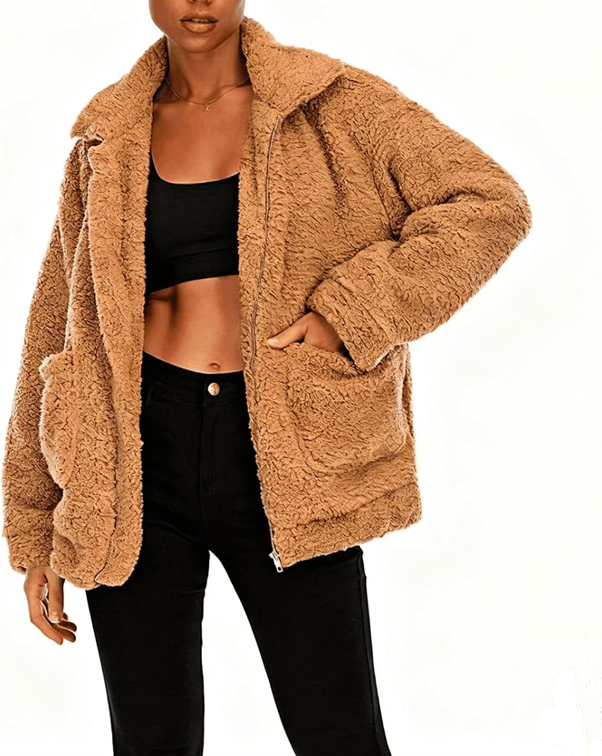 Women's Casual Lapel Fleece Fuzzy Faux Shearling Zipper Coats Oversized Outwear Jackets