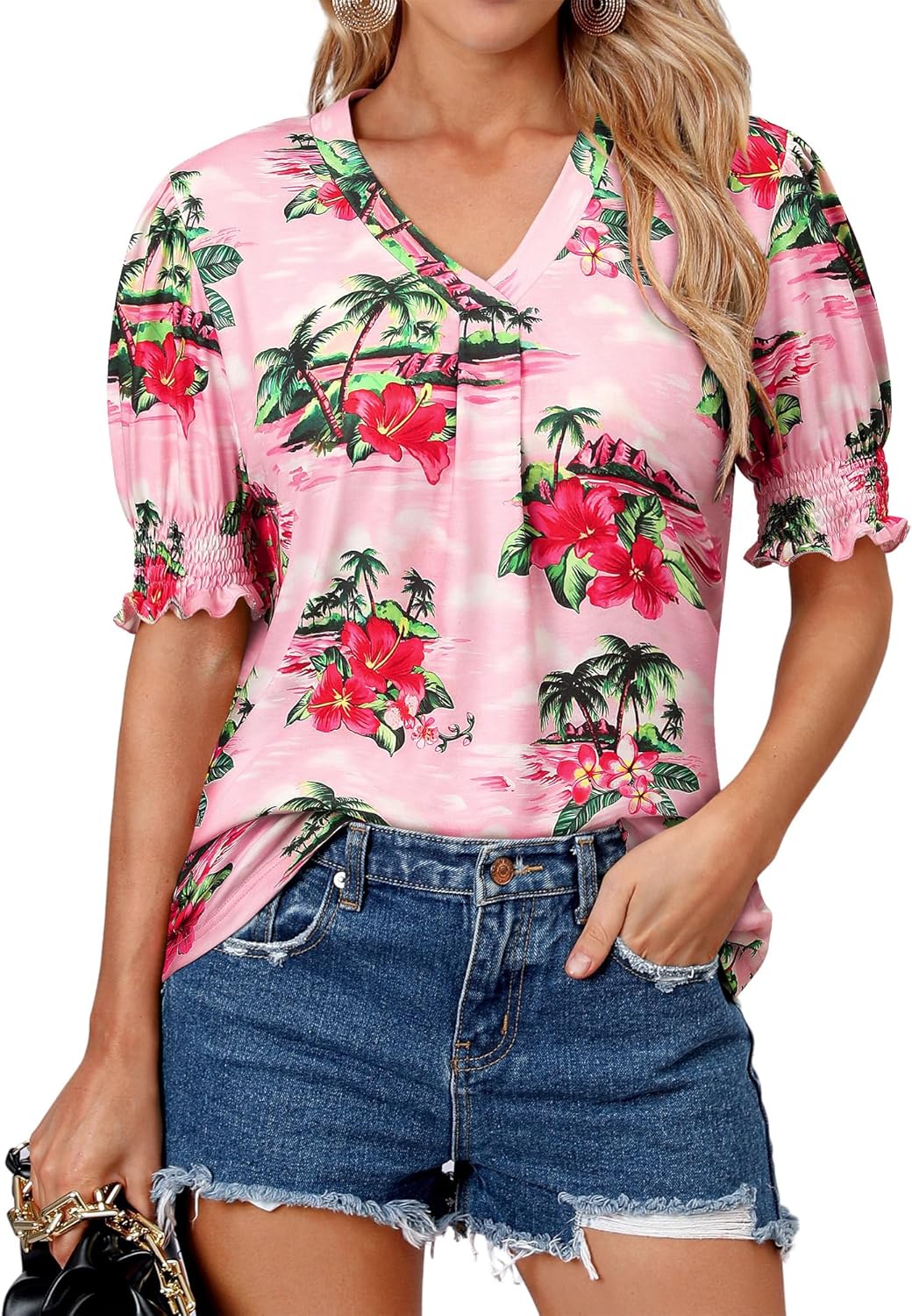 ZXZY Women Ruffle Short Sleeve Pleated V Neck Floral Print Hawaiian Shirts Blouse Tops - Image 2