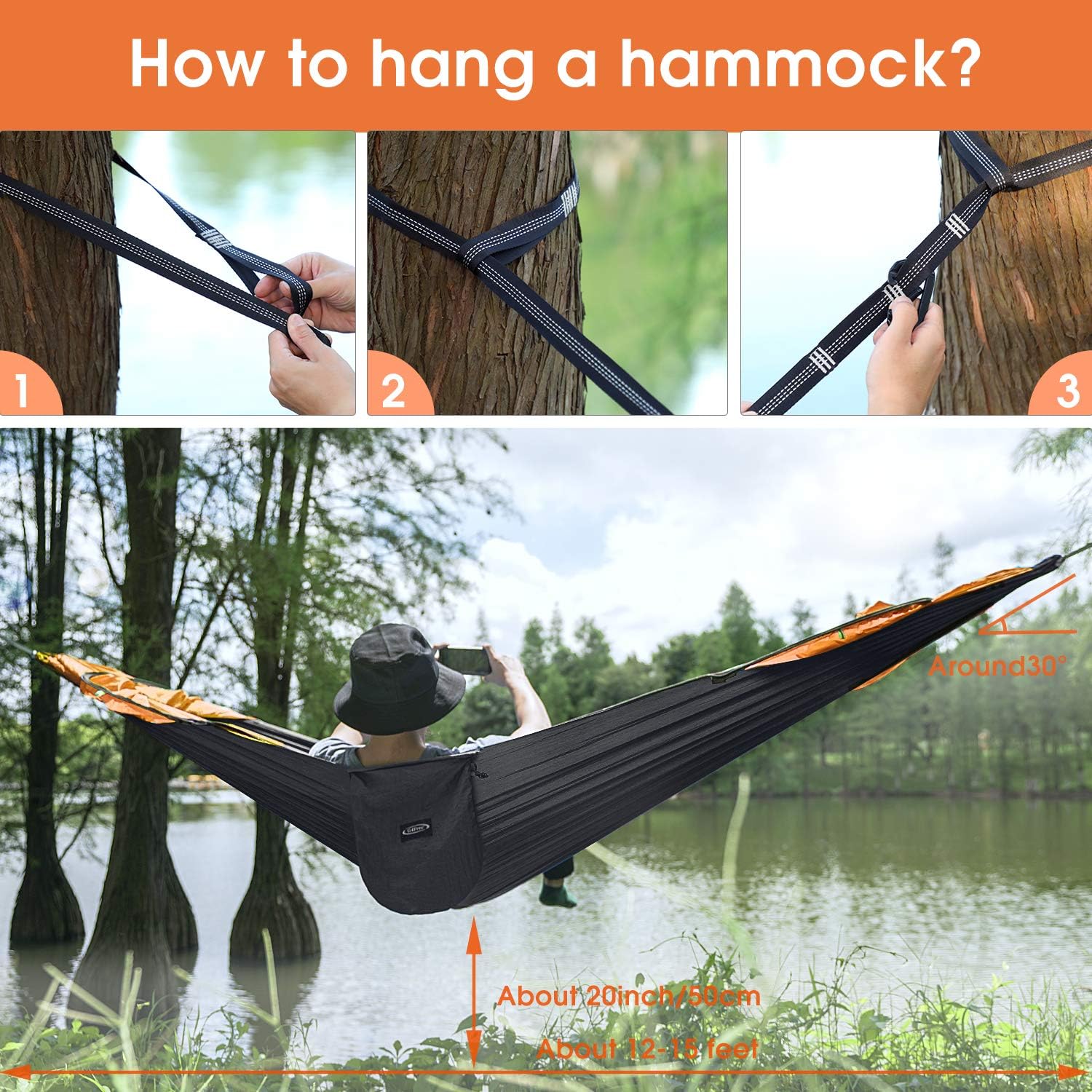 G4Free Large Camping Hammock with Mosquito Net 2 Person Pop-up Parachute Lightweight Hanging Hammocks Tree Straps Swing Hammock Bed for Outdoor Backpacking Backyard Hiking (Black/Orange) : Sports & Outdoors