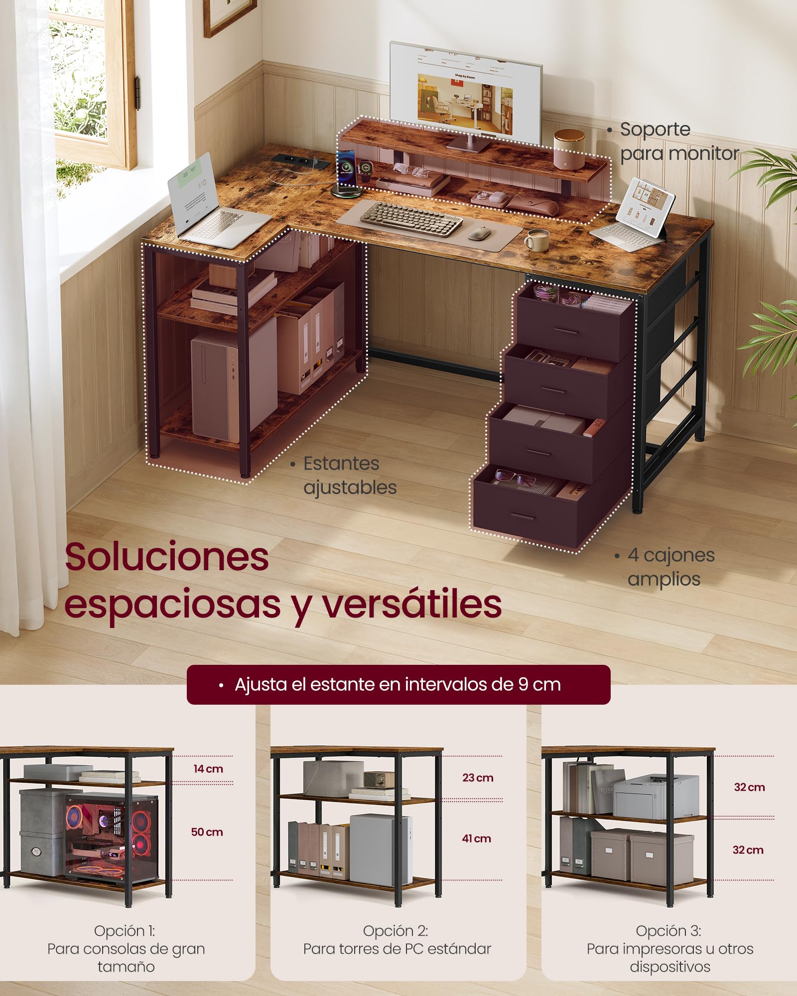 VASAGLE Escritorio Esquinero en L con Enchufes, Escritorio Gaming, Diseño Reversible, Estantes Ajustables, 4 Cajones, 2 Puertos USB, Estudio, Oficina, 140 x 80 cm, Marrón Rústico LWD172KD01