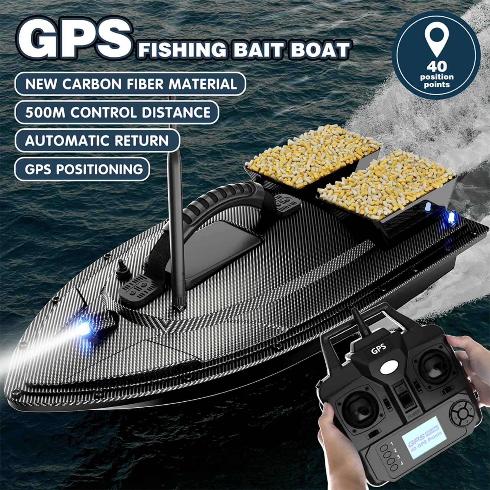 GPS Angelköder Boot 500M RC Köderboot Fernbedienung Futterboot Fischköder Boot Nachtangeln mit Suchscheinwerfer mit 18000MAH Batterie