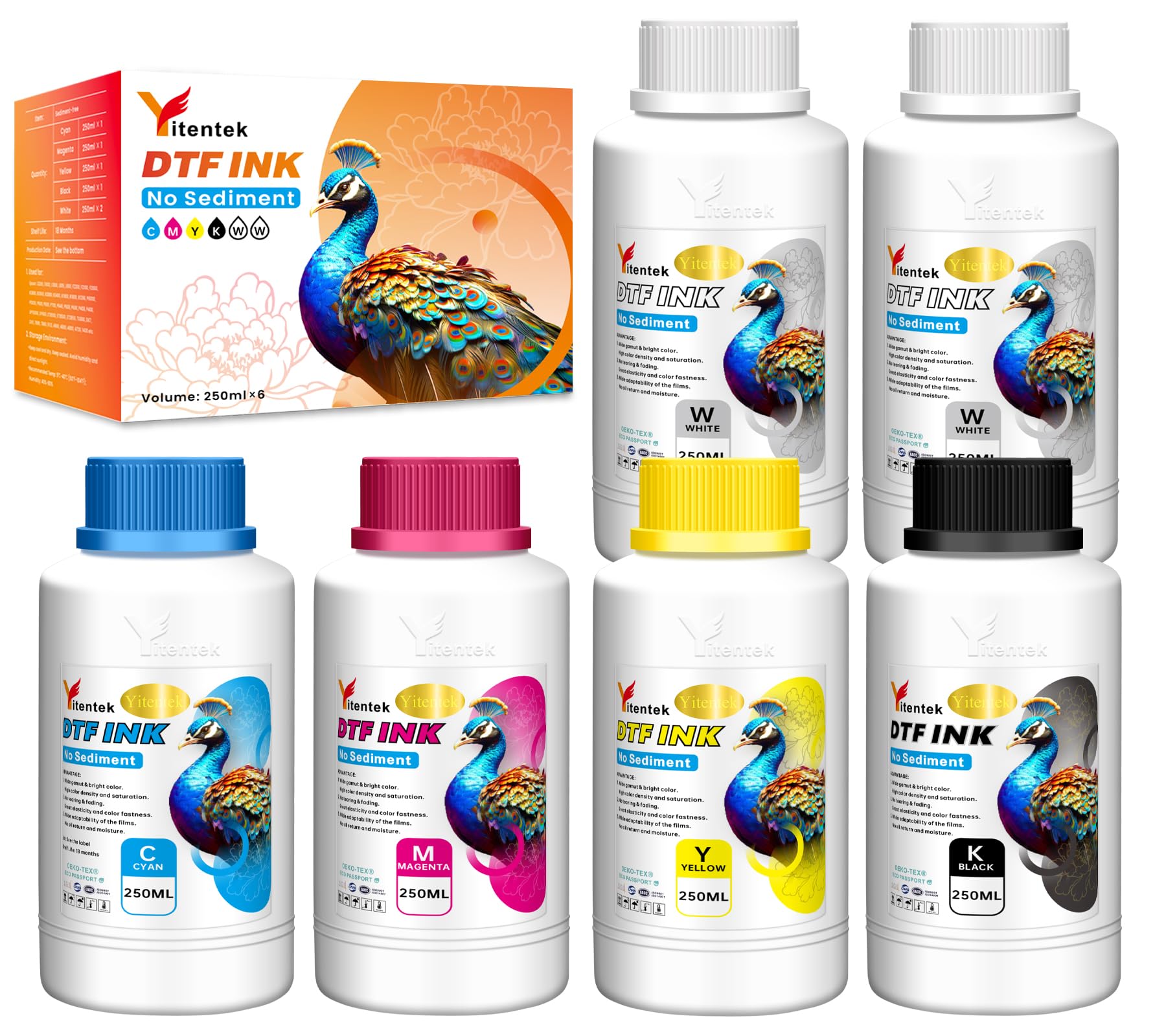 YitentekSediment-Free DTF Ink 1500ML, DTF Transfer Ink for PET Film, Pigment Ink Refill for P600 P800 DX5 XP600 4720 i3200 i1600 5113. High Fluidity, Whiteness & Coverage (250ml x 6, 2Wh+CMYK)