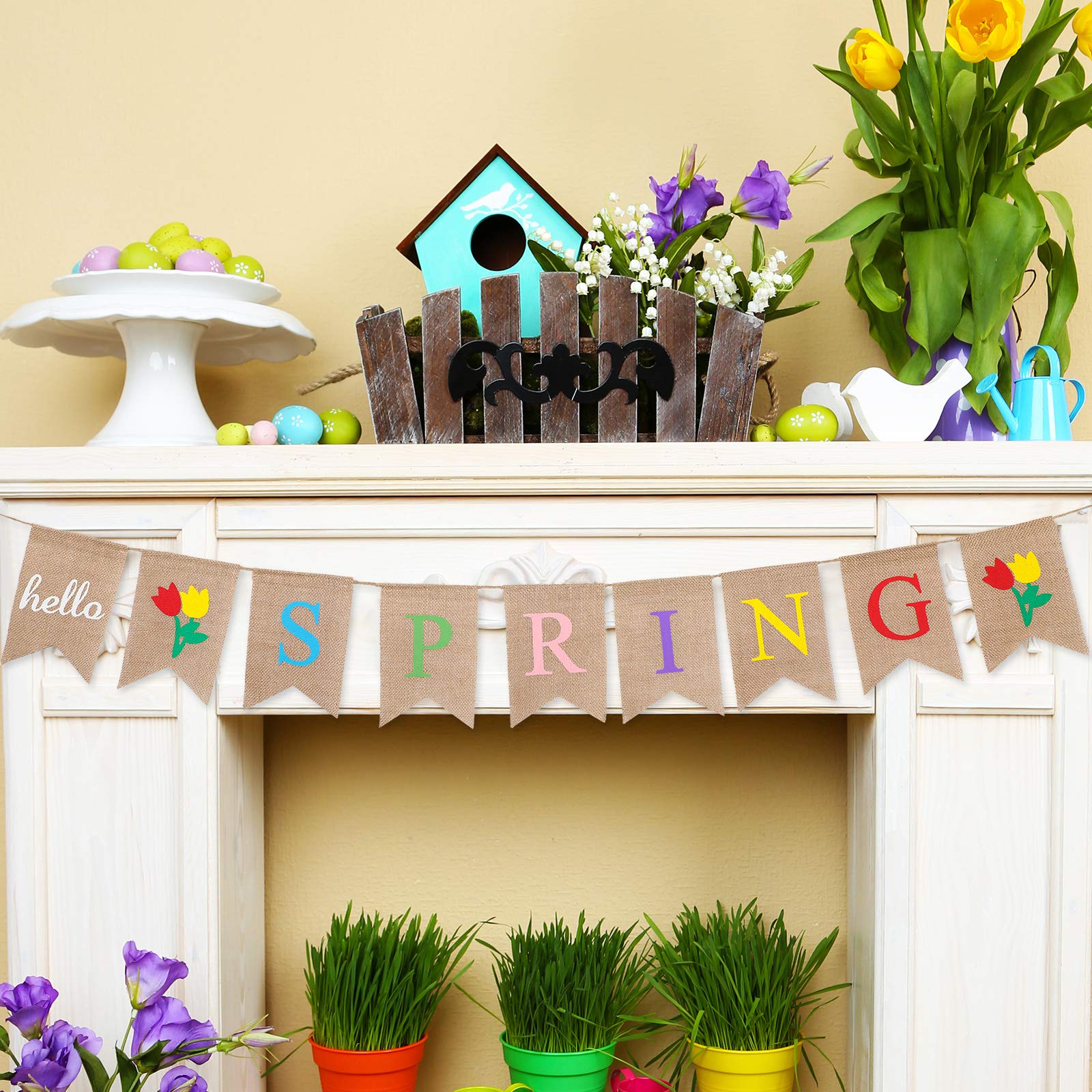 Boao Hello Spring Banner Burlap Decoration Hello Spring Hanging Banner Garland Spring Home Mantel Fireplace Party Hanging Decoration for Door Mantel