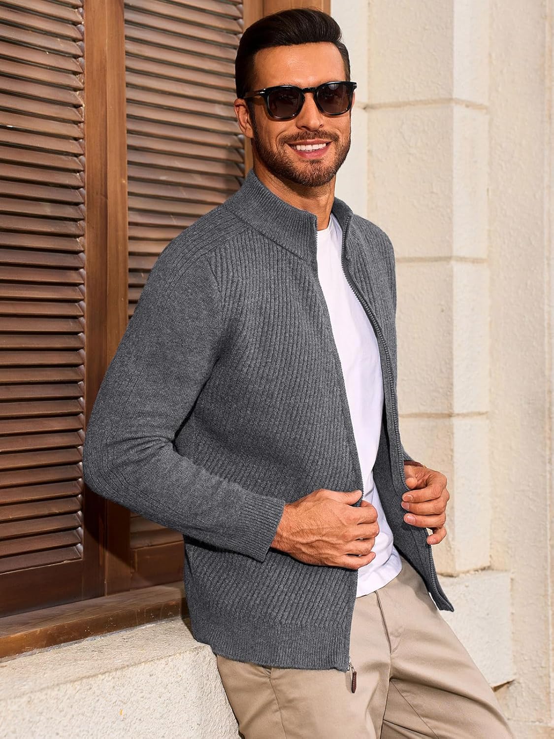 Runcati Mens Full Zip Cardigan Sweater Casual Slim Fit Knit Sweaters Stand Collar Fall Winter Ribbed Cardigan - Image 3