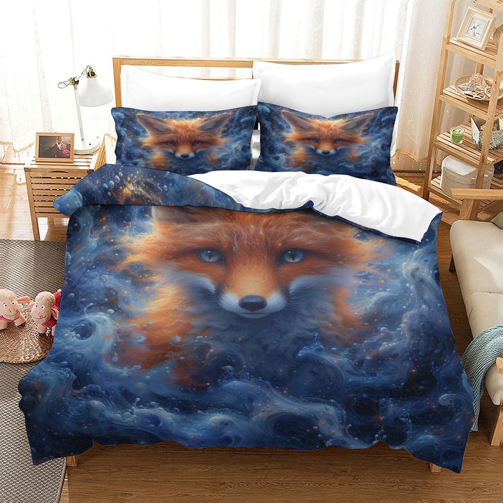 Housse de couette 260x220 renard parure de lit 3 pièces animaux microfibre