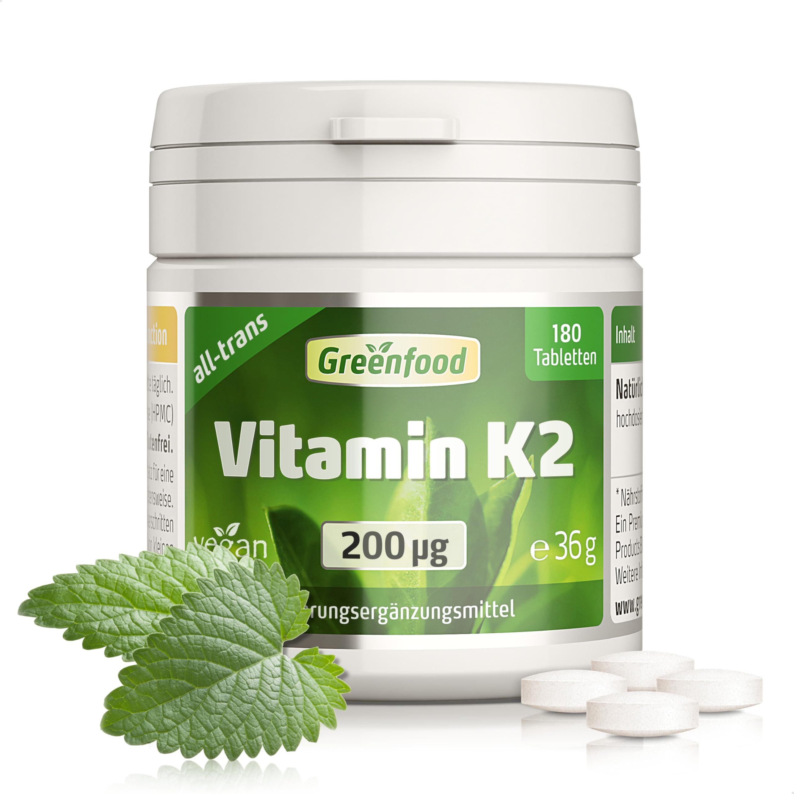 Vitamin K2 (MK7), hochdosiert, 200µg - 180 Tabletten, vegan. Vitamin K2 (Menachinon, all-trans) – für Knochenerhalt & normale Blutgerinnung. OHNE künstliche Zusätze - laborgeprüft. Von Greenfood.