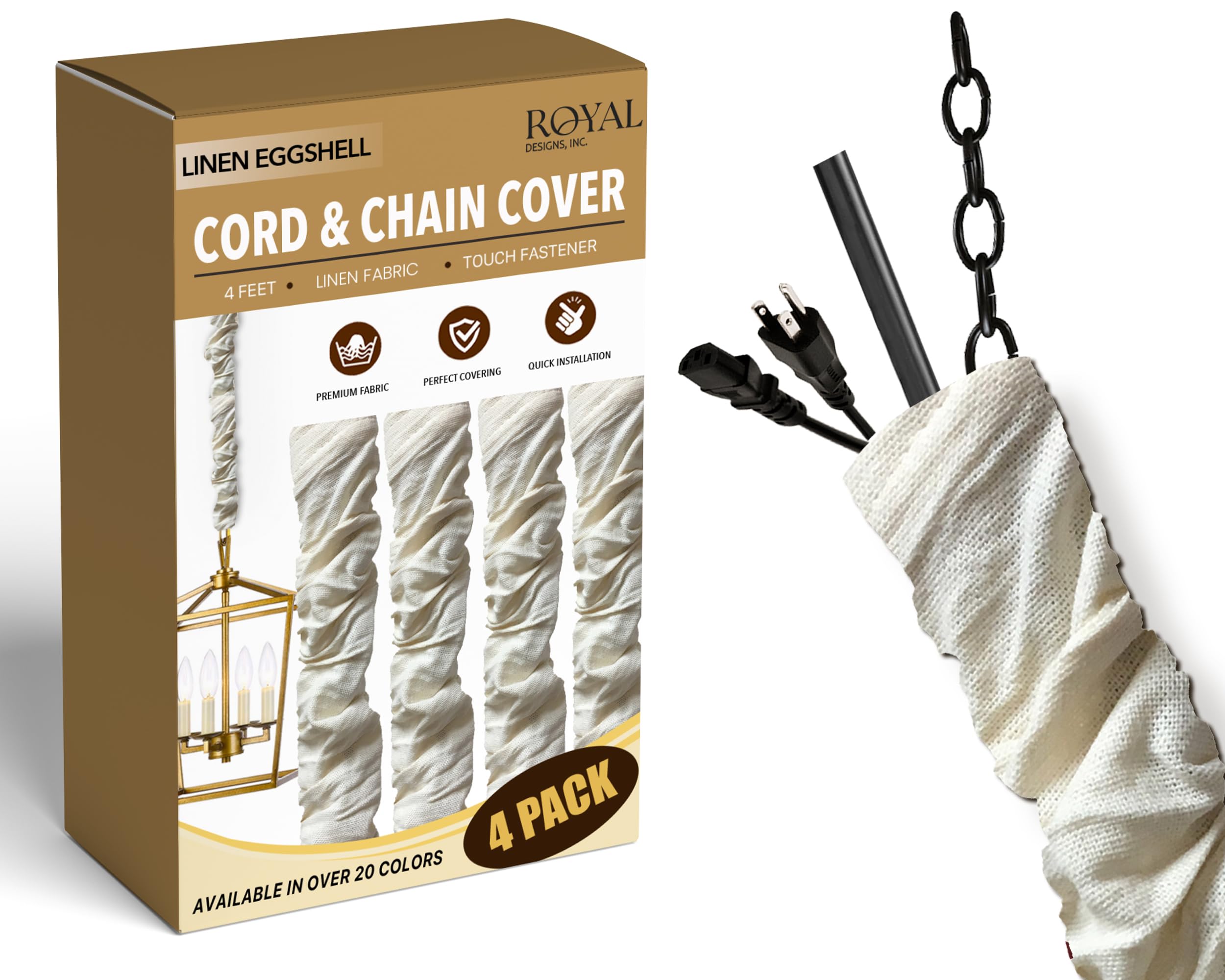 Royal Designs, Inc. Cord &amp; Chain Cover 4 ft Silk Type Fabric, Chandelier Pendant Lighting Chain &amp; Cable Management, Touch Fastener, Linen Eggshell - 4 Pack