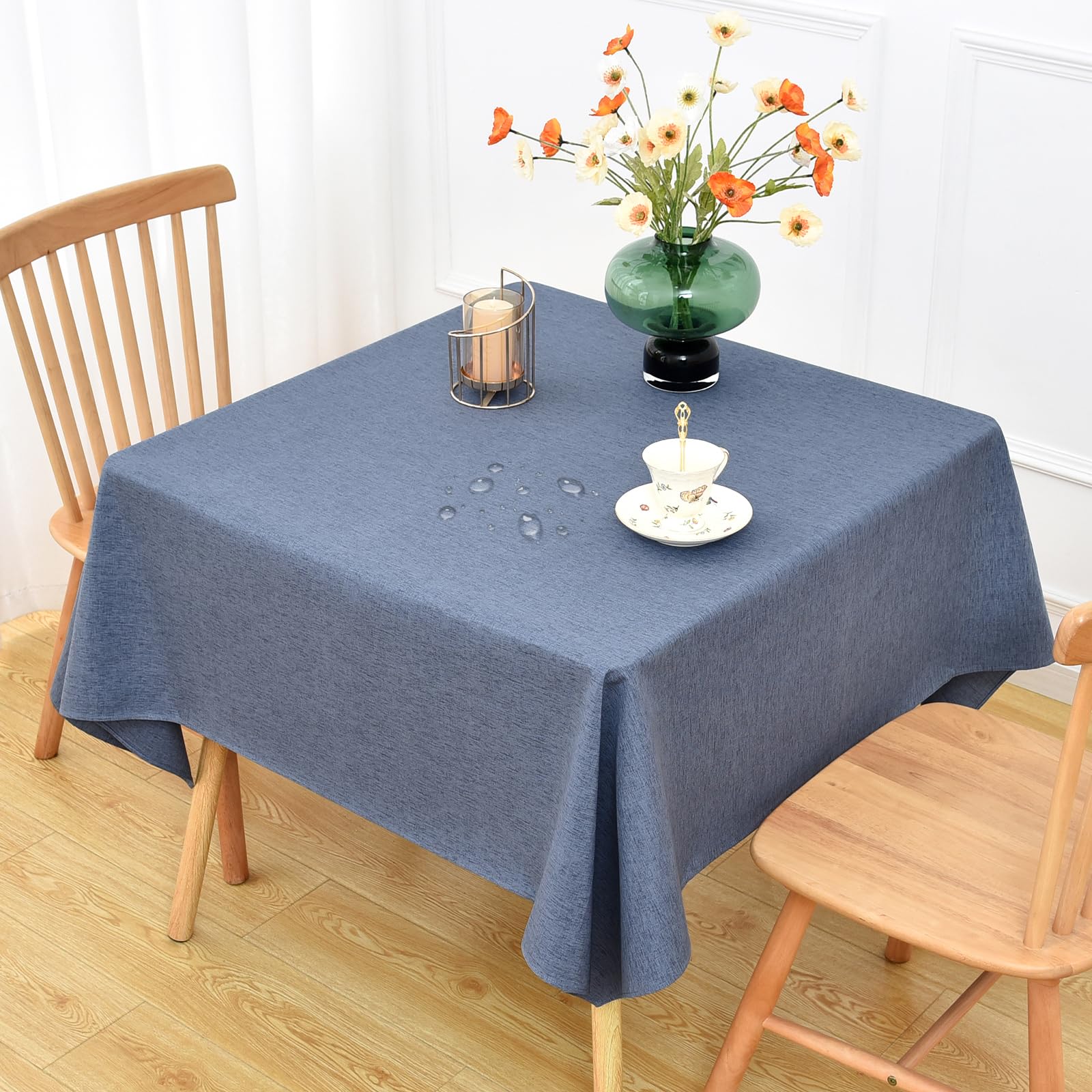 NEWISHER Farmhouse Water Resistant Square Tablecloth 138x138 cm (54x54 inch), Faux Linen Table Cloth Wipe Clean, Washable Table Cover for Kitchen Dining, Party, Banquet Indoor Outdoor (Mist Blue)